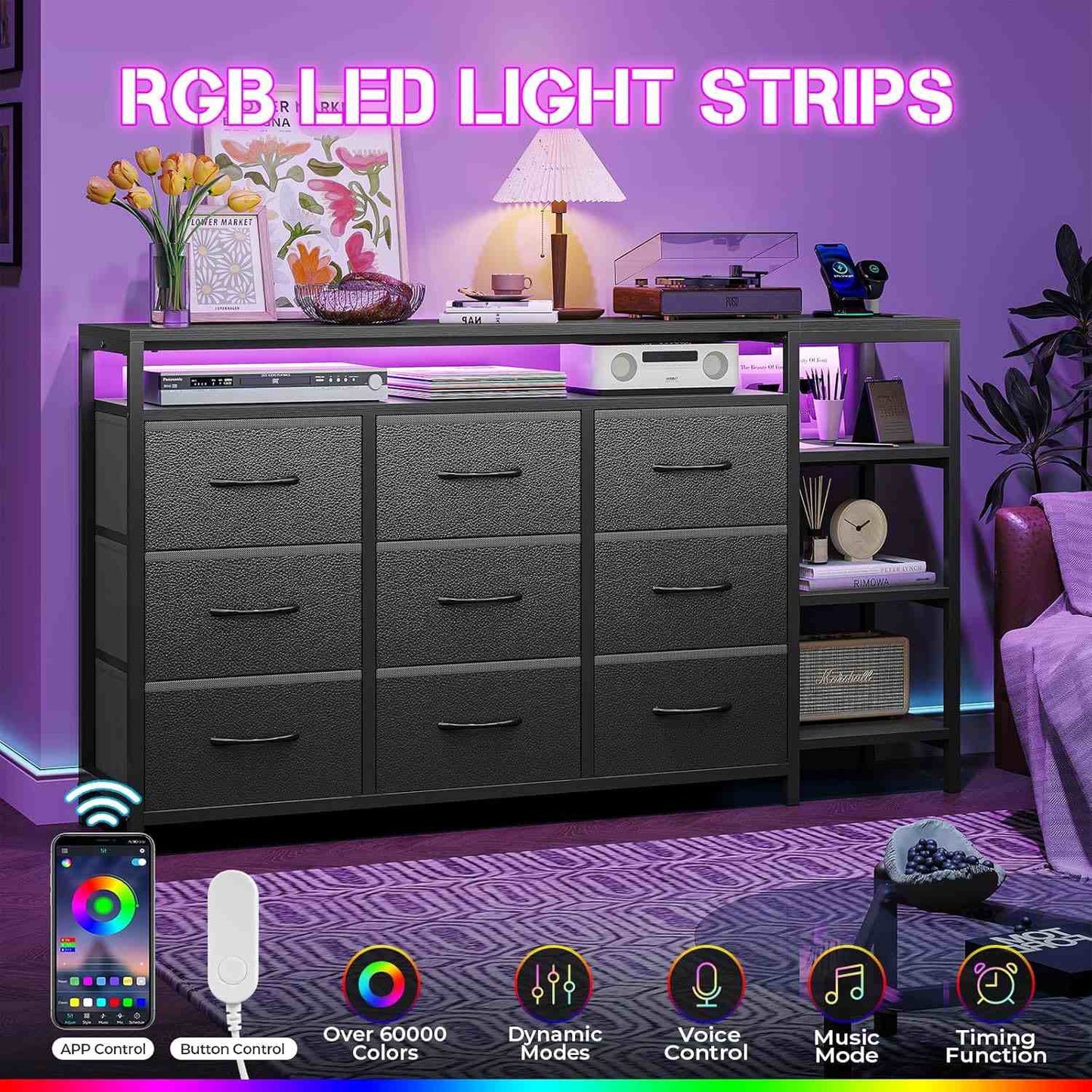 60 Inches LED TV Stand Dresser with Charging Station Black
