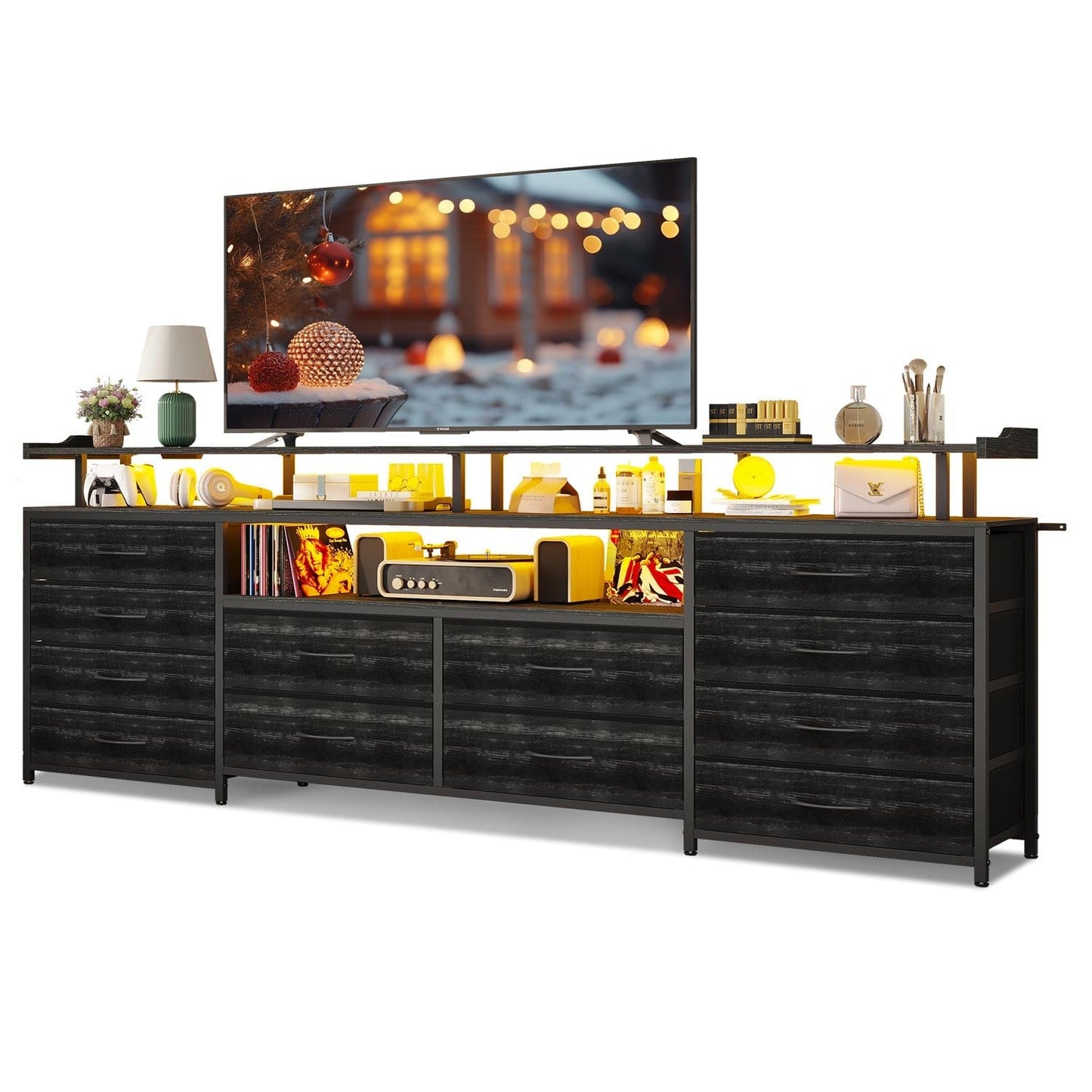 63 Inches TV Stand Dresser with LED Lights and Charging Station Black