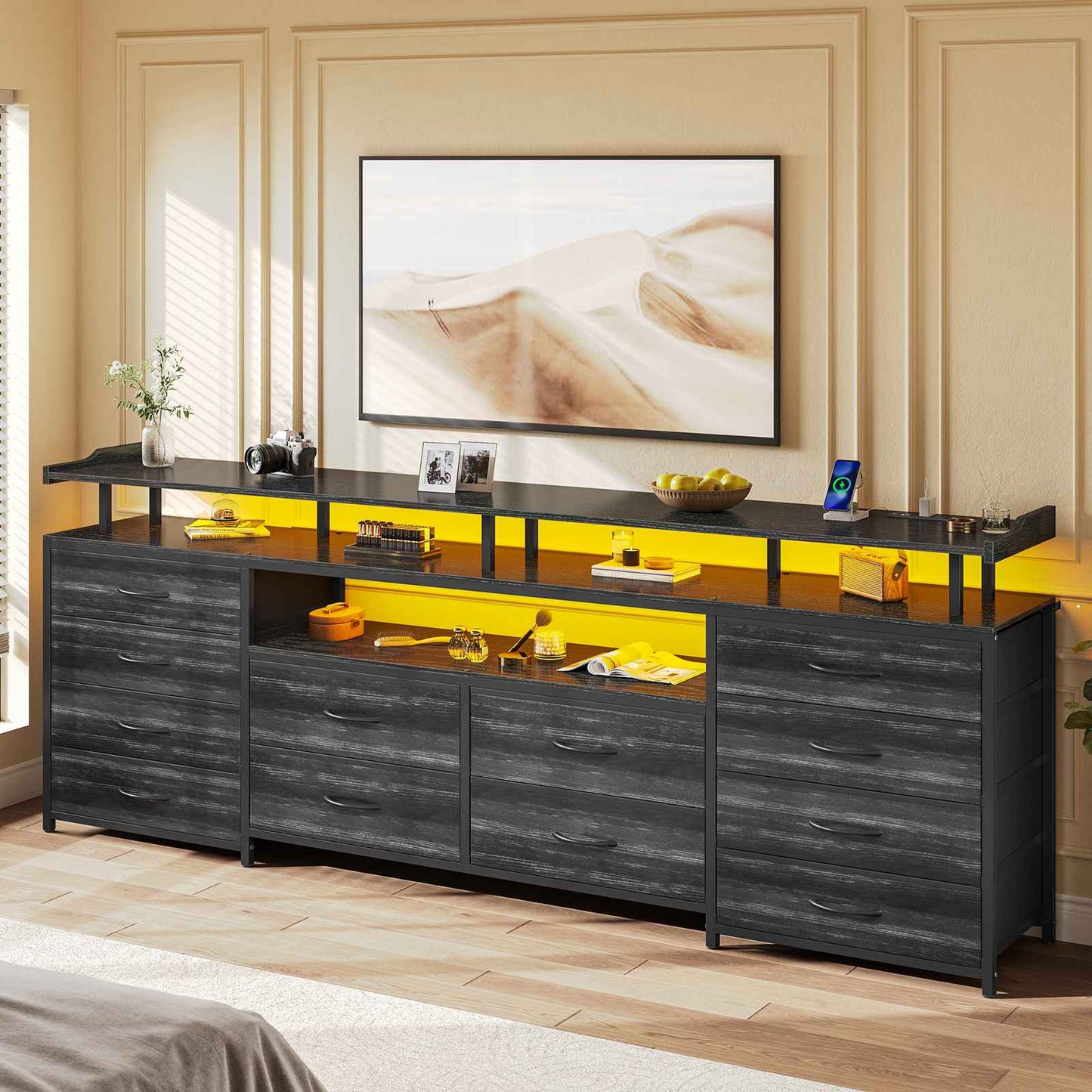 63 Inches TV Stand Dresser with LED Lights and Charging Station Black