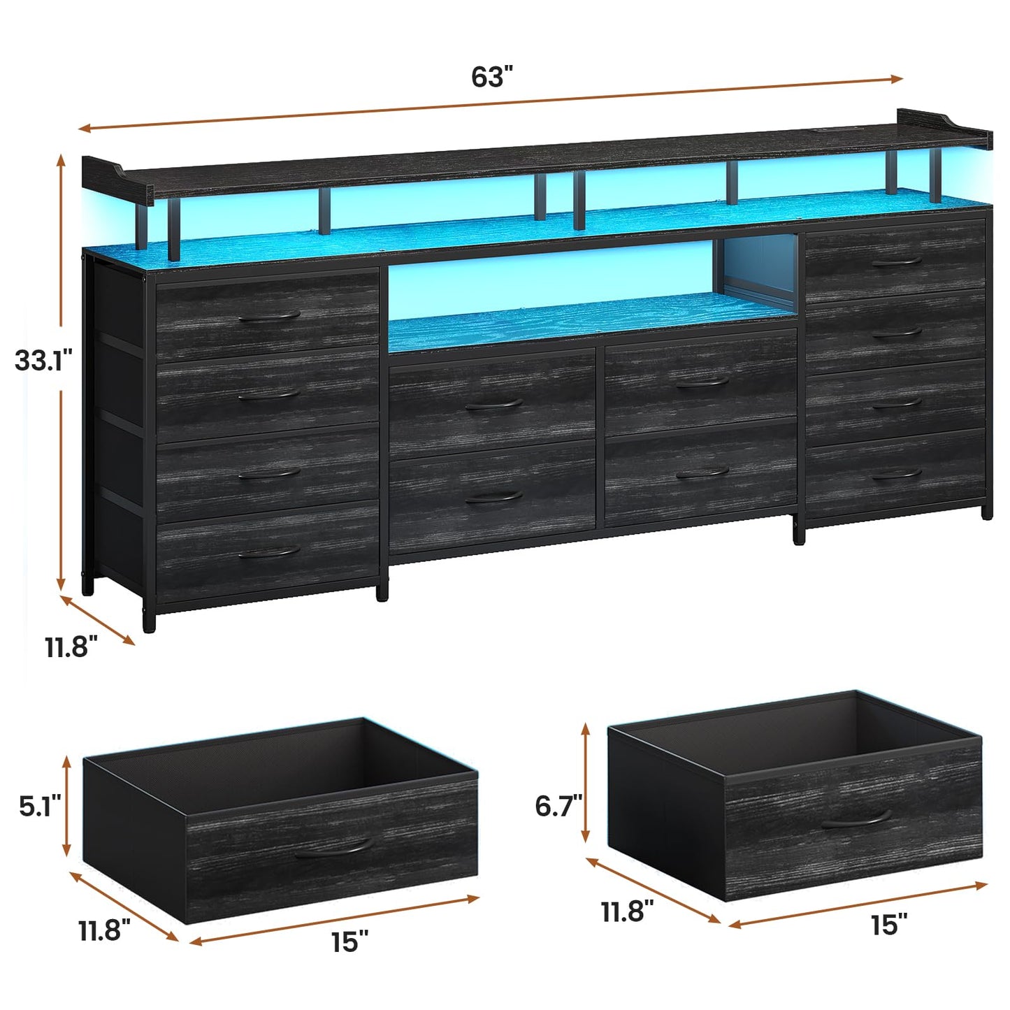 63 Inches TV Stand Dresser with LED Lights and Charging Station Black