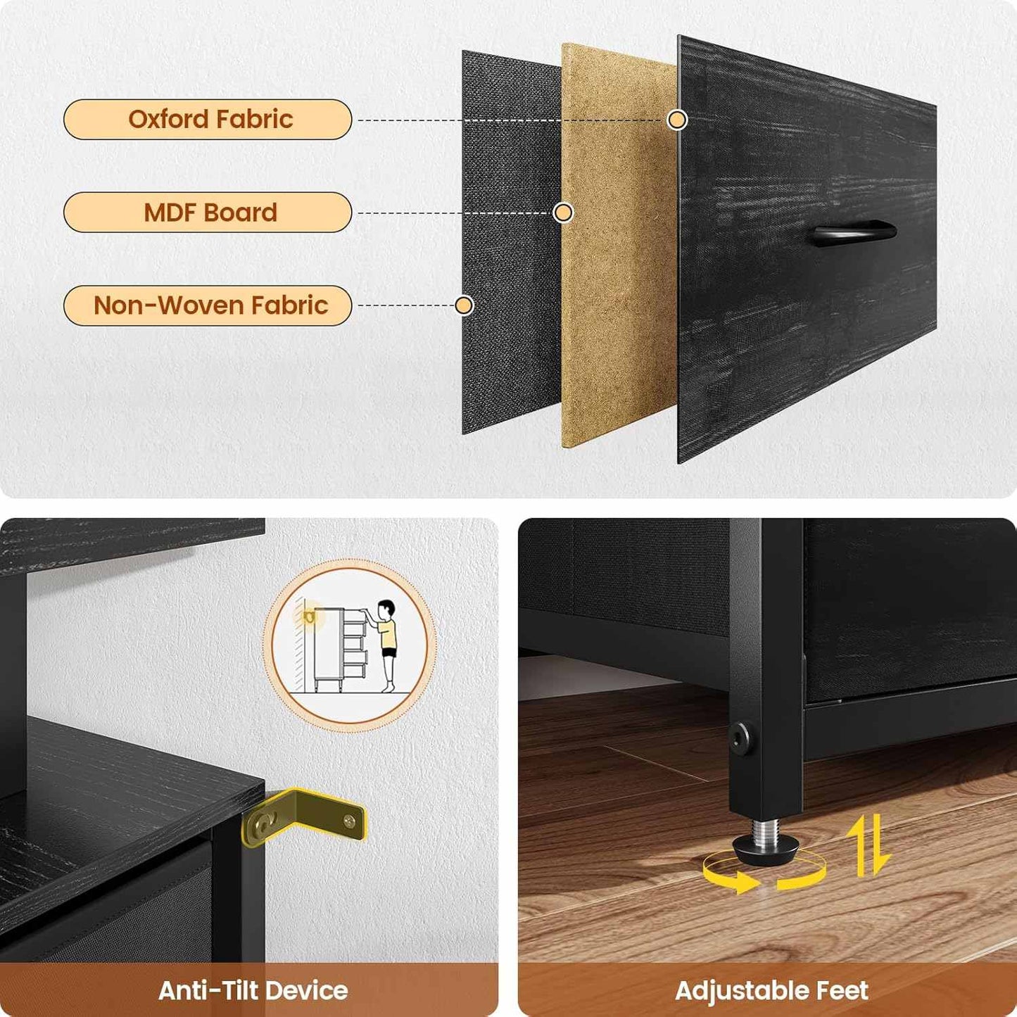 63 Inches TV Stand Dresser with LED Lights and Charging Station Black