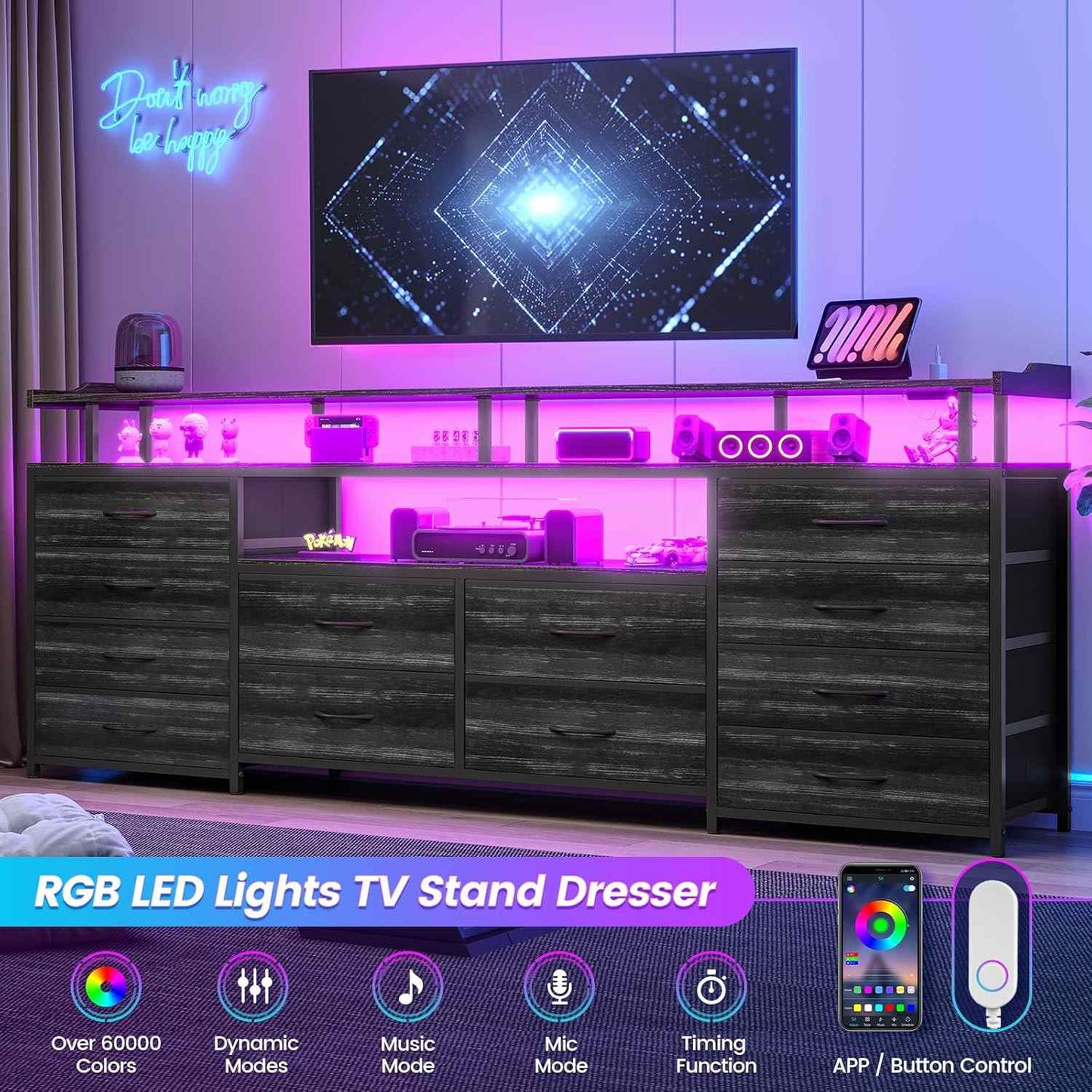 63 Inches TV Stand Dresser with LED Lights and Charging Station Black