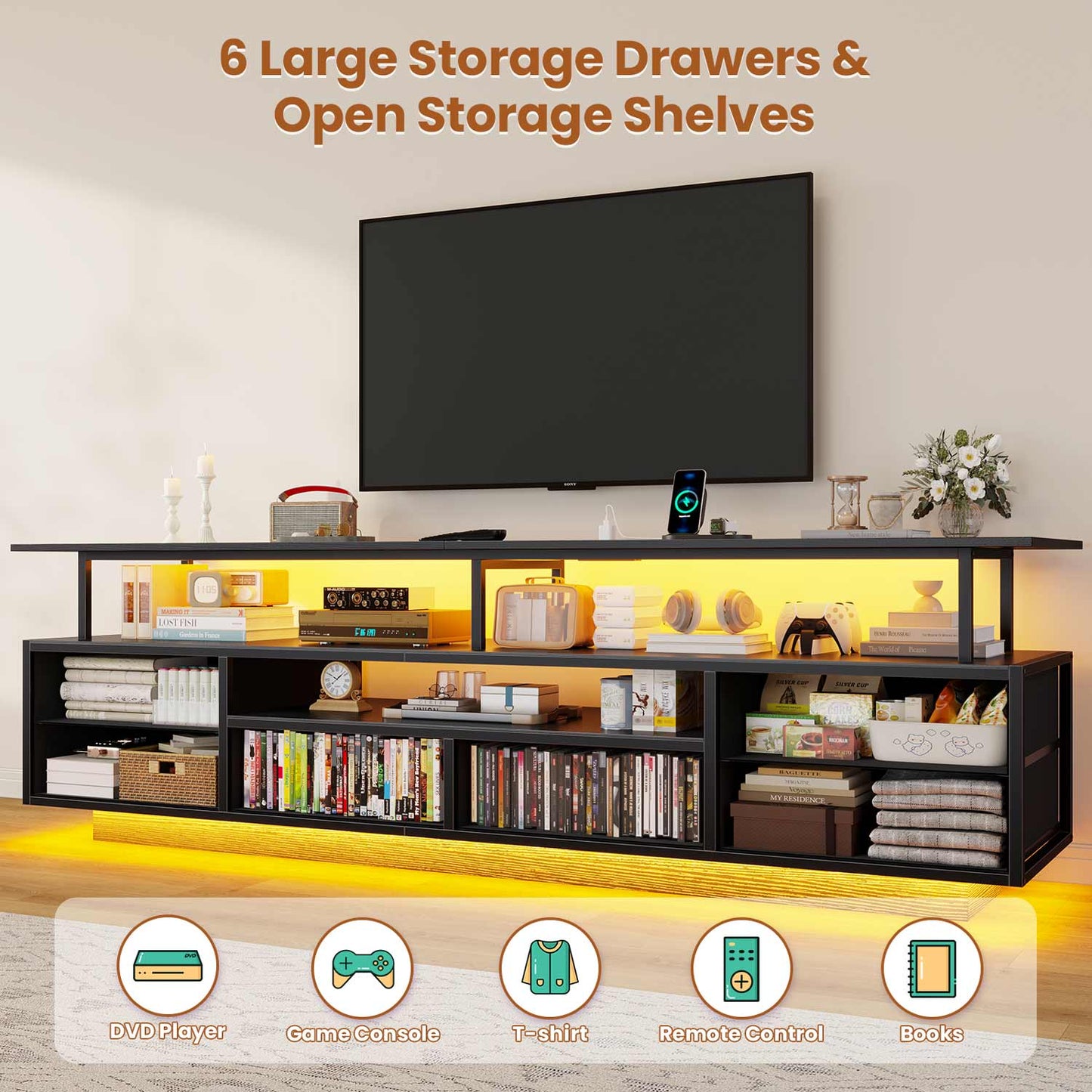TV Stand with LED Lights and Power Outlets Black