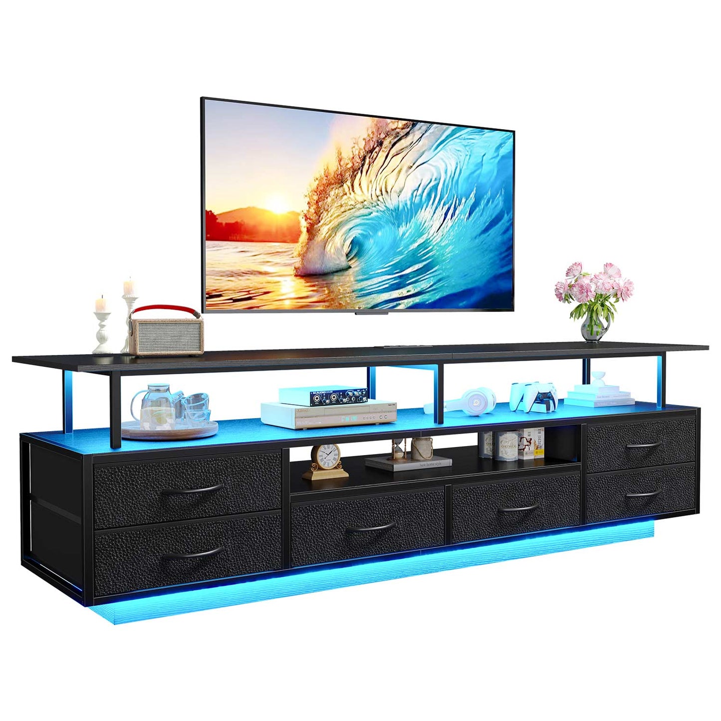 TV Stand with LED Lights and Power Outlets Black