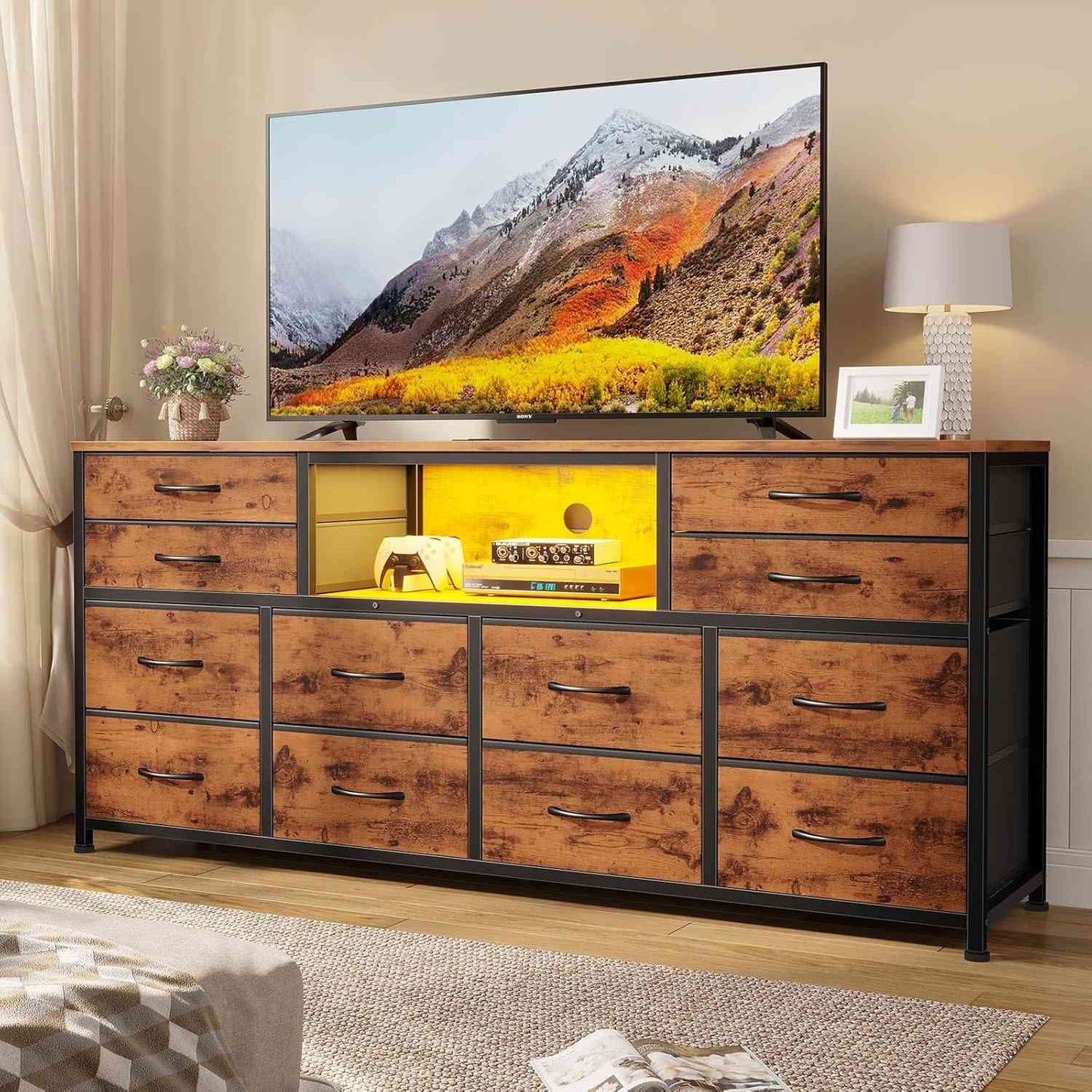 55 Inch LED TV Stand Dresser with Power Outlets Brown