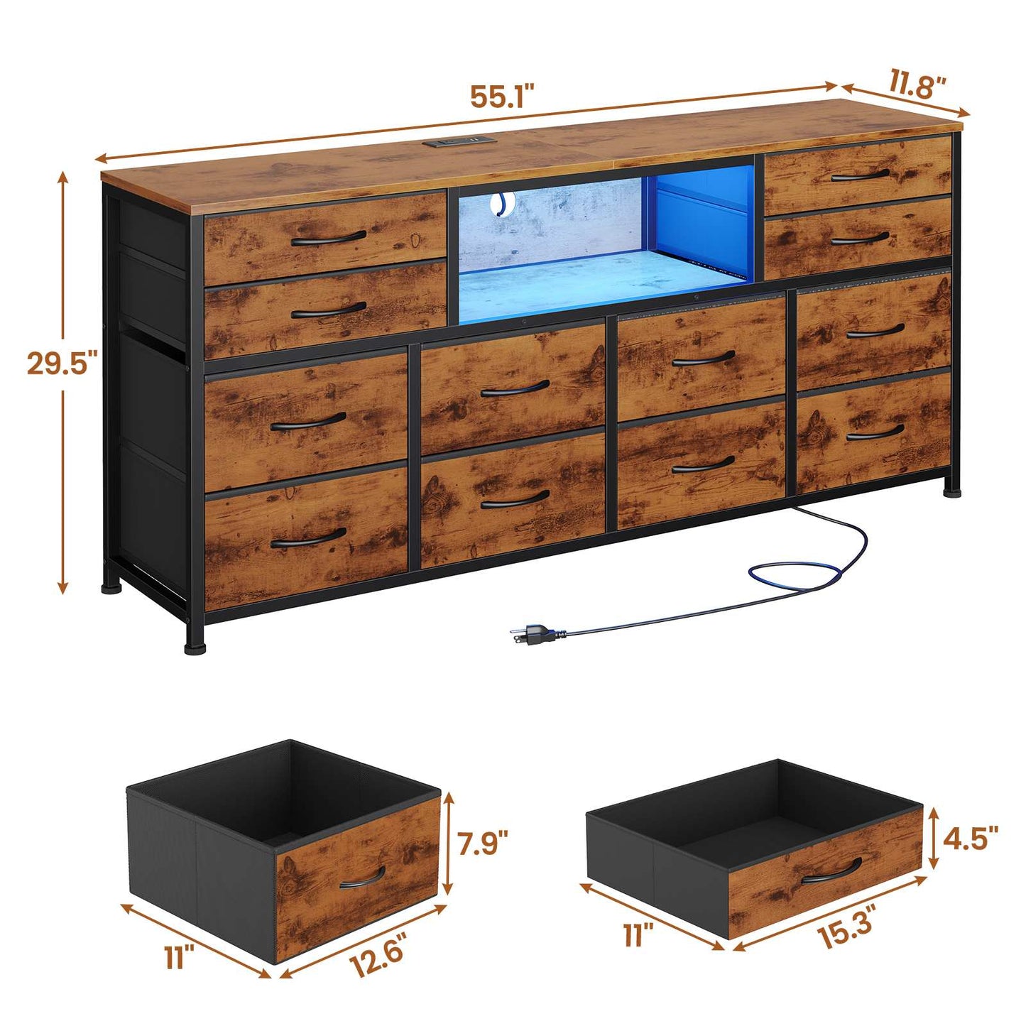55 Inch LED TV Stand Dresser with Power Outlets Brown