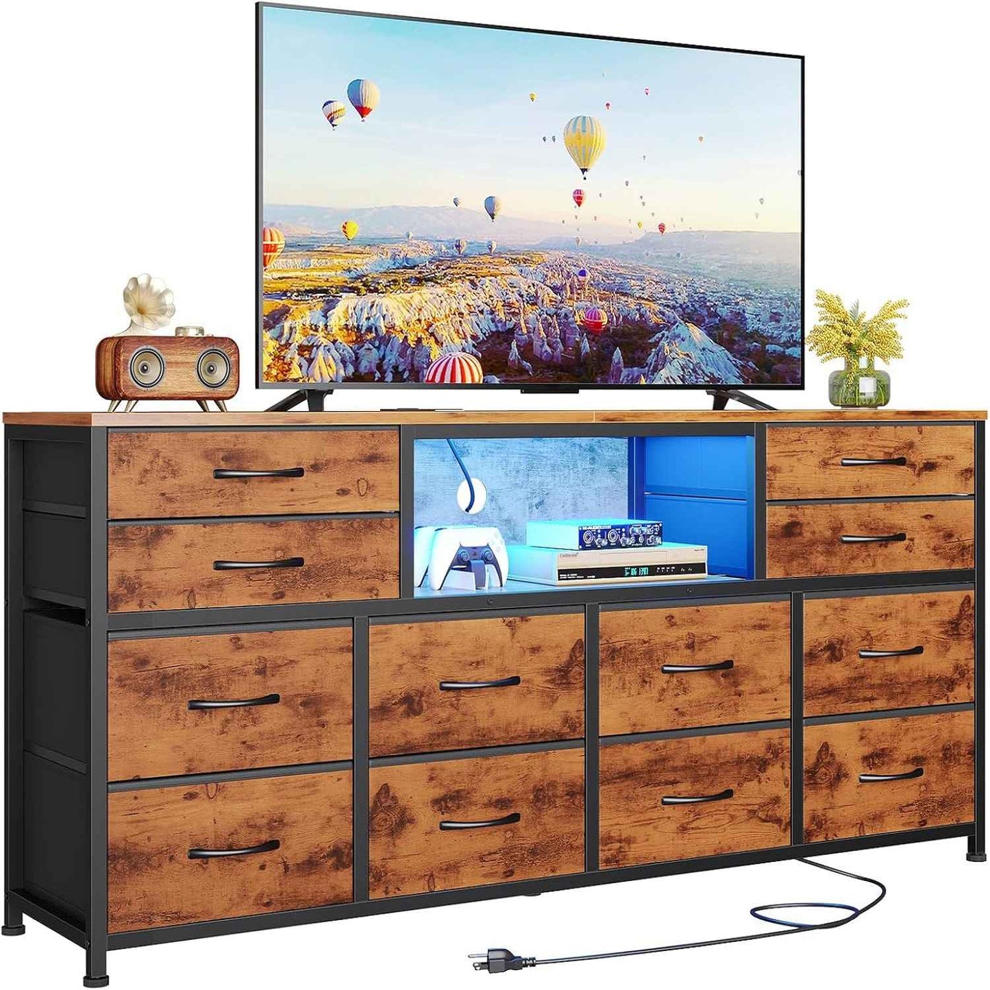 55 Inch LED TV Stand Dresser with Power Outlets Brown