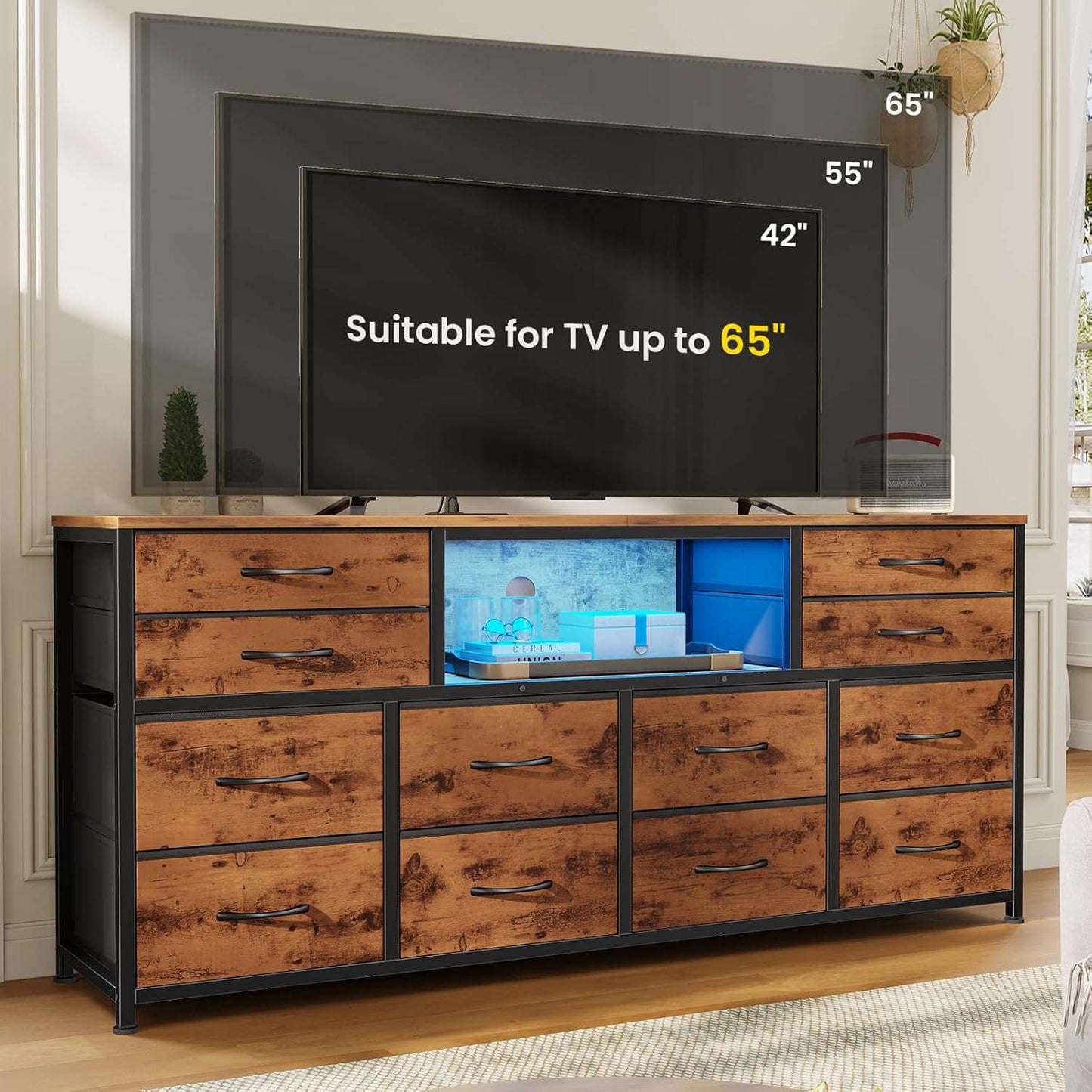 55 Inch LED TV Stand Dresser with Power Outlets Brown