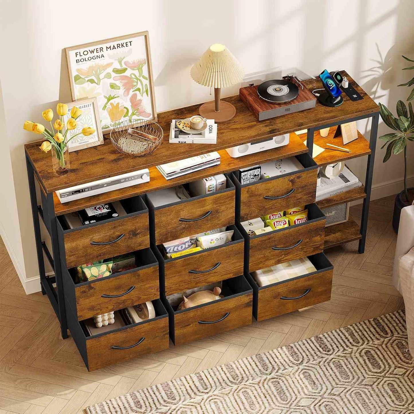 60 Inches LED TV Stand with Charging Station Brown