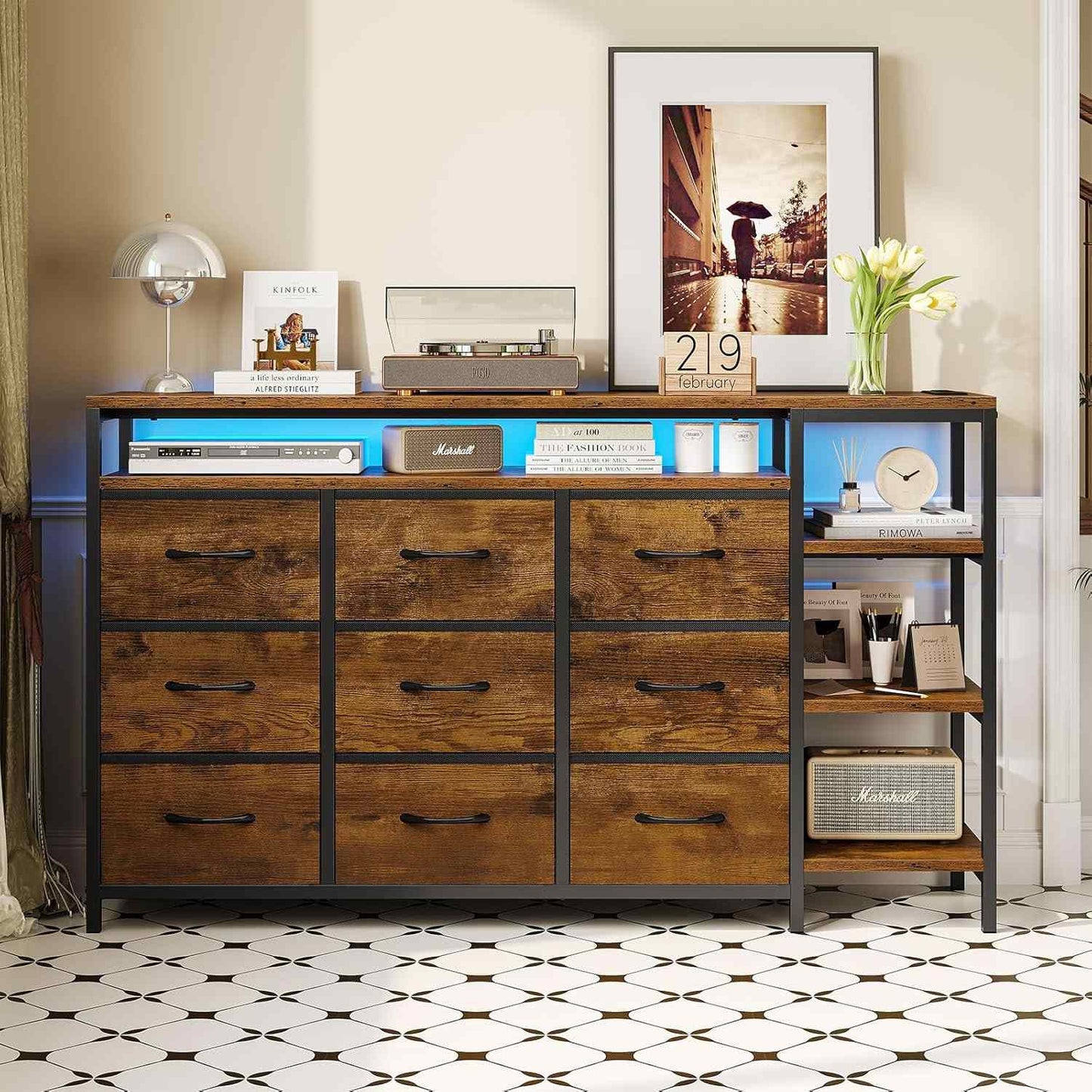 60 Inches LED TV Stand with Charging Station Brown