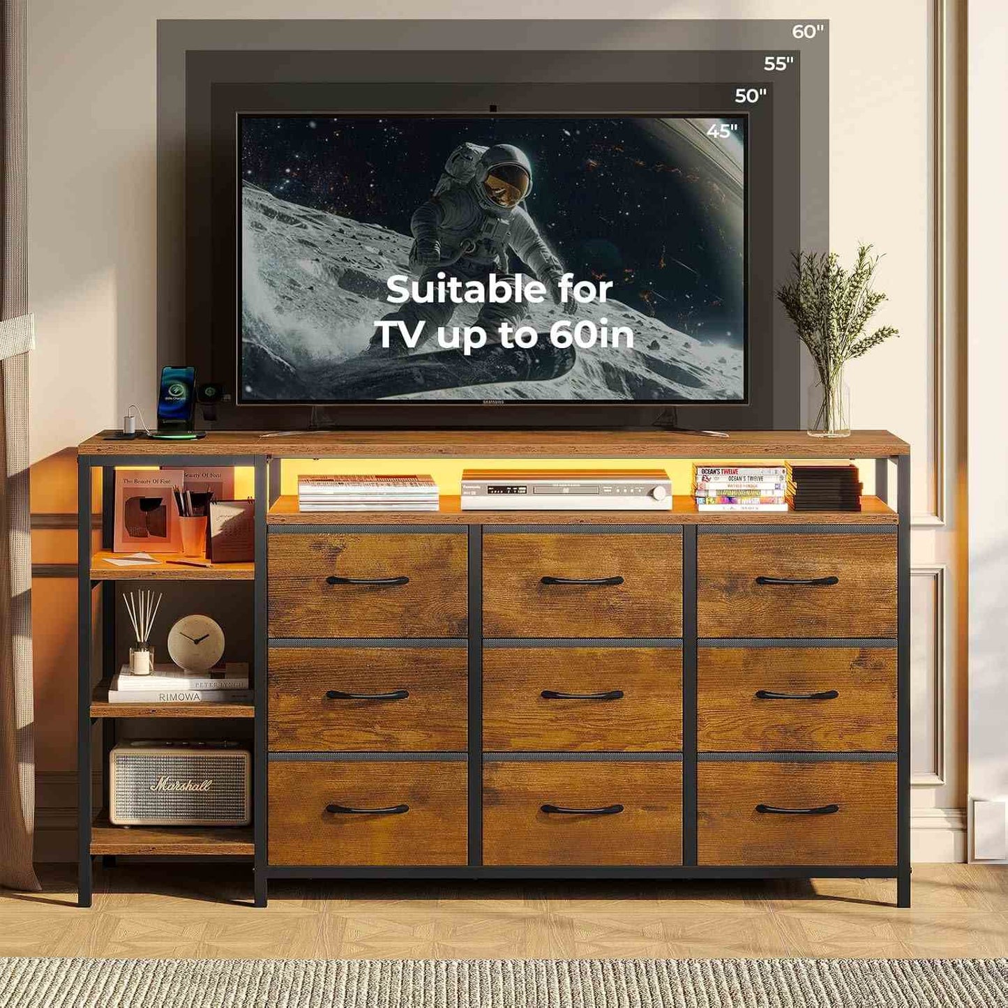 60 Inches LED TV Stand with Charging Station Brown