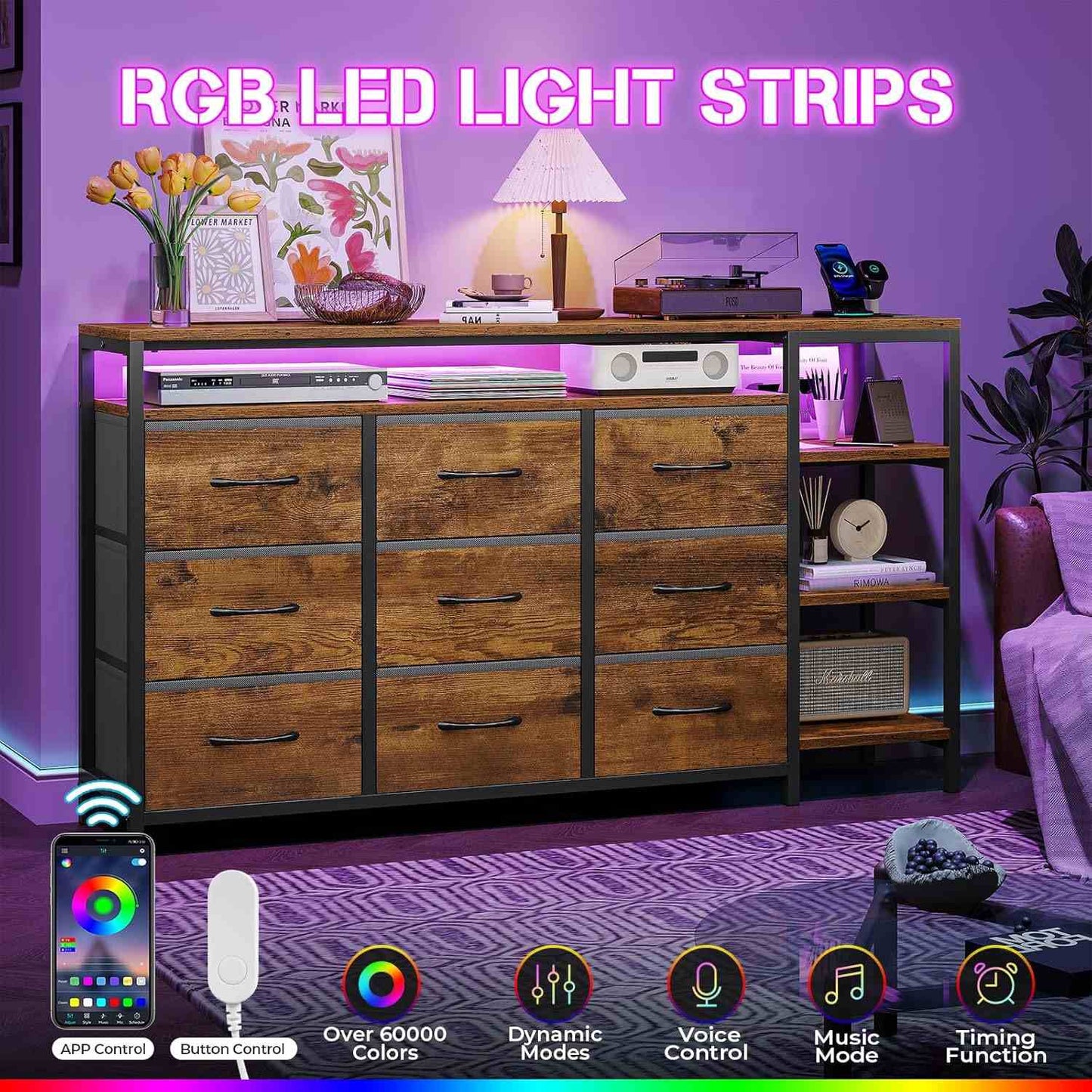 60 Inches LED TV Stand with Charging Station Brown