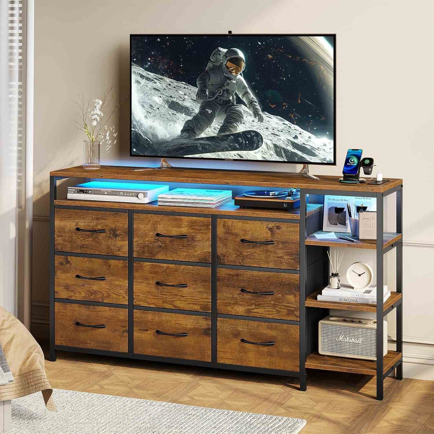 60 Inches LED TV Stand with Charging Station Brown
