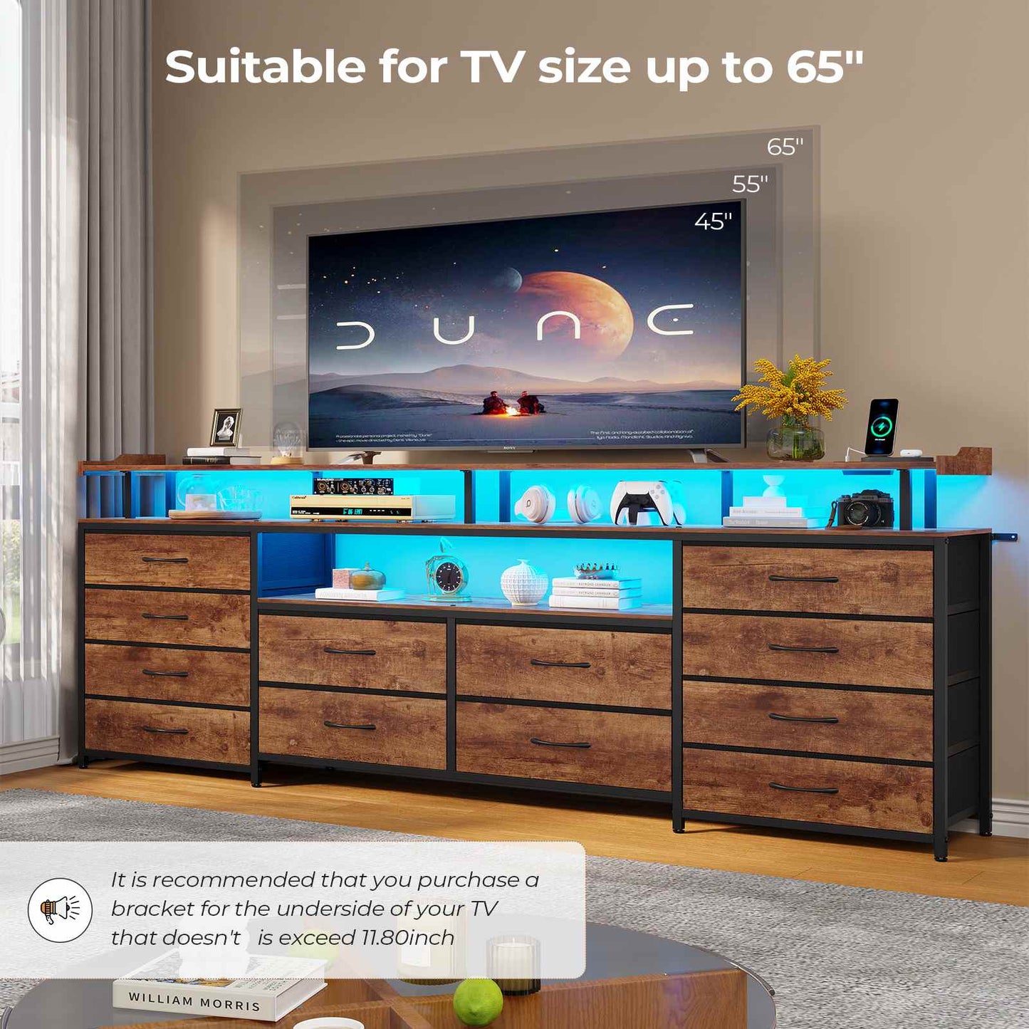 63 Inches TV Stand Dresser with LED Lights and Charging Station Brown