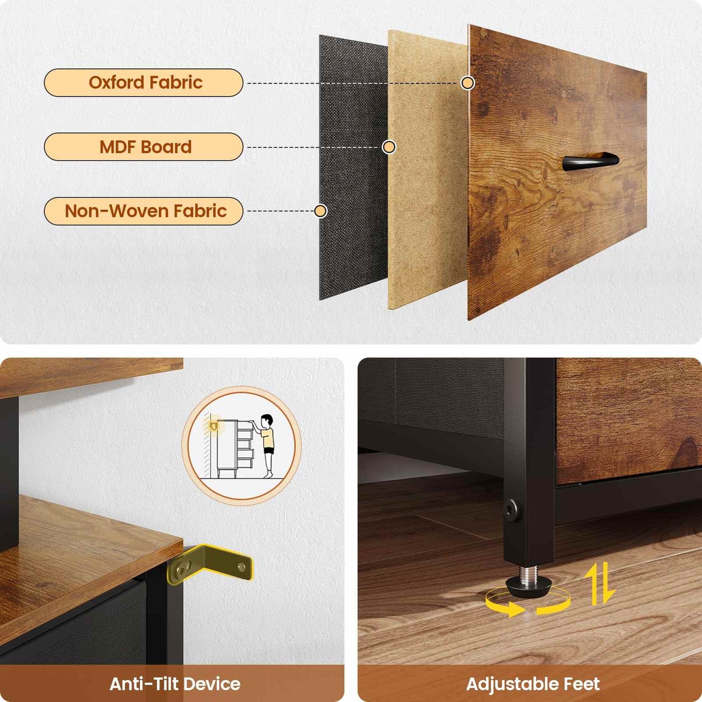 63 Inches TV Stand Dresser with LED Lights and Charging Station Brown