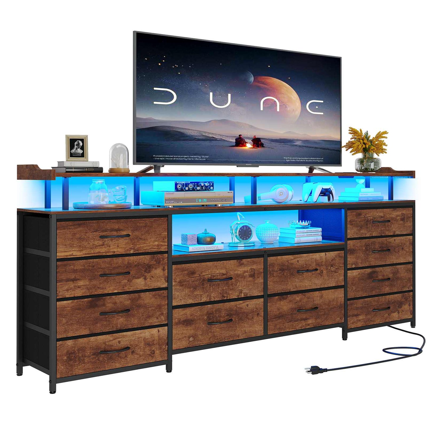 63 Inches TV Stand Dresser with LED Lights and Charging Station Brown