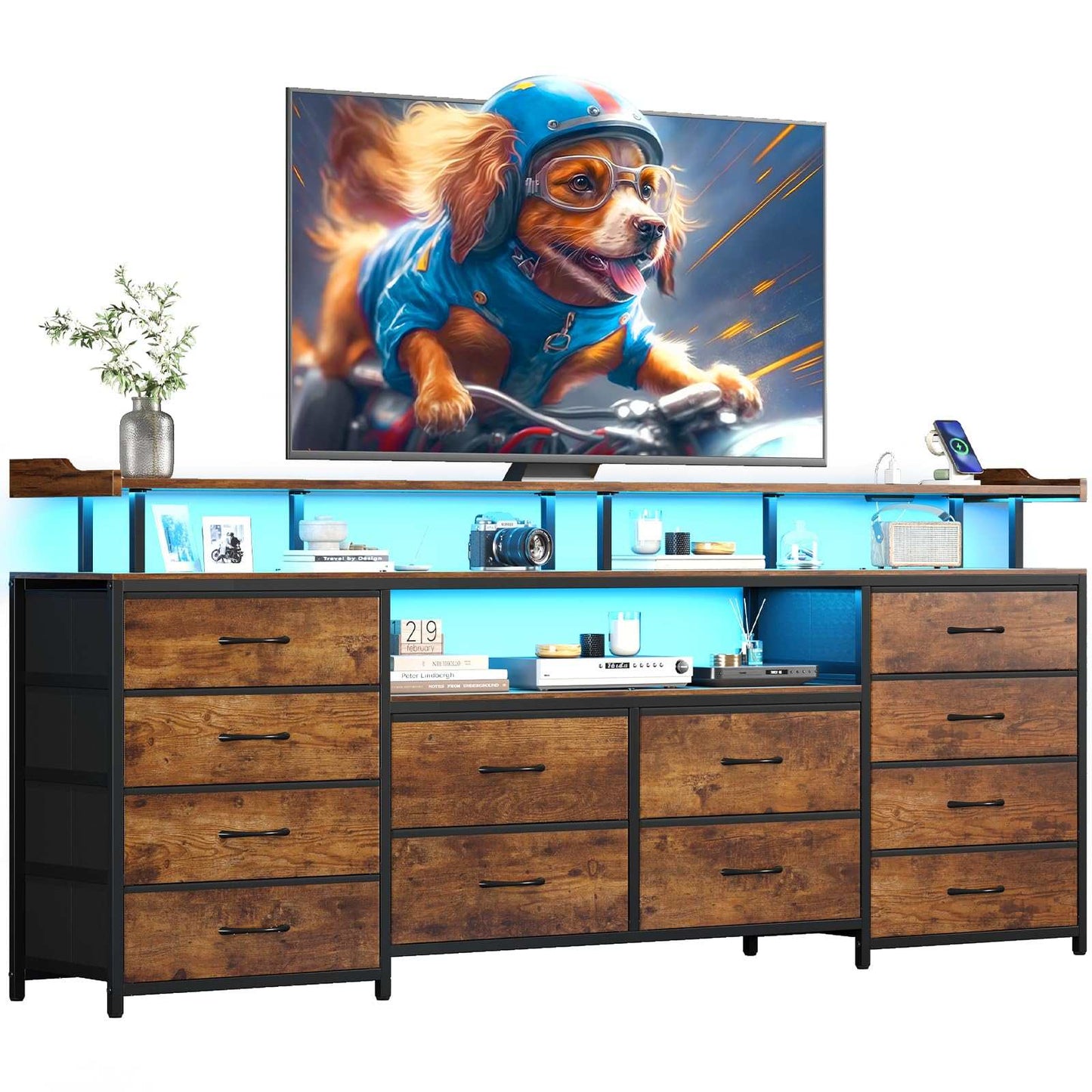 63 Inches TV Stand Dresser with LED Lights and Charging Station Brown