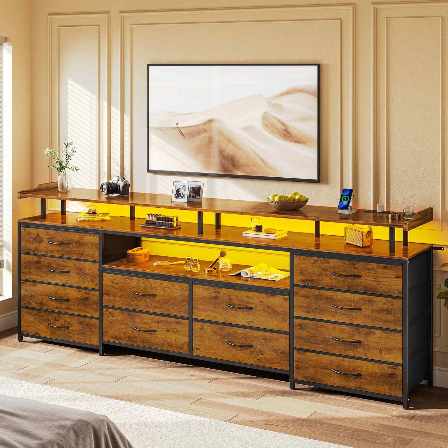 63 Inches TV Stand Dresser with LED Lights and Charging Station Brown