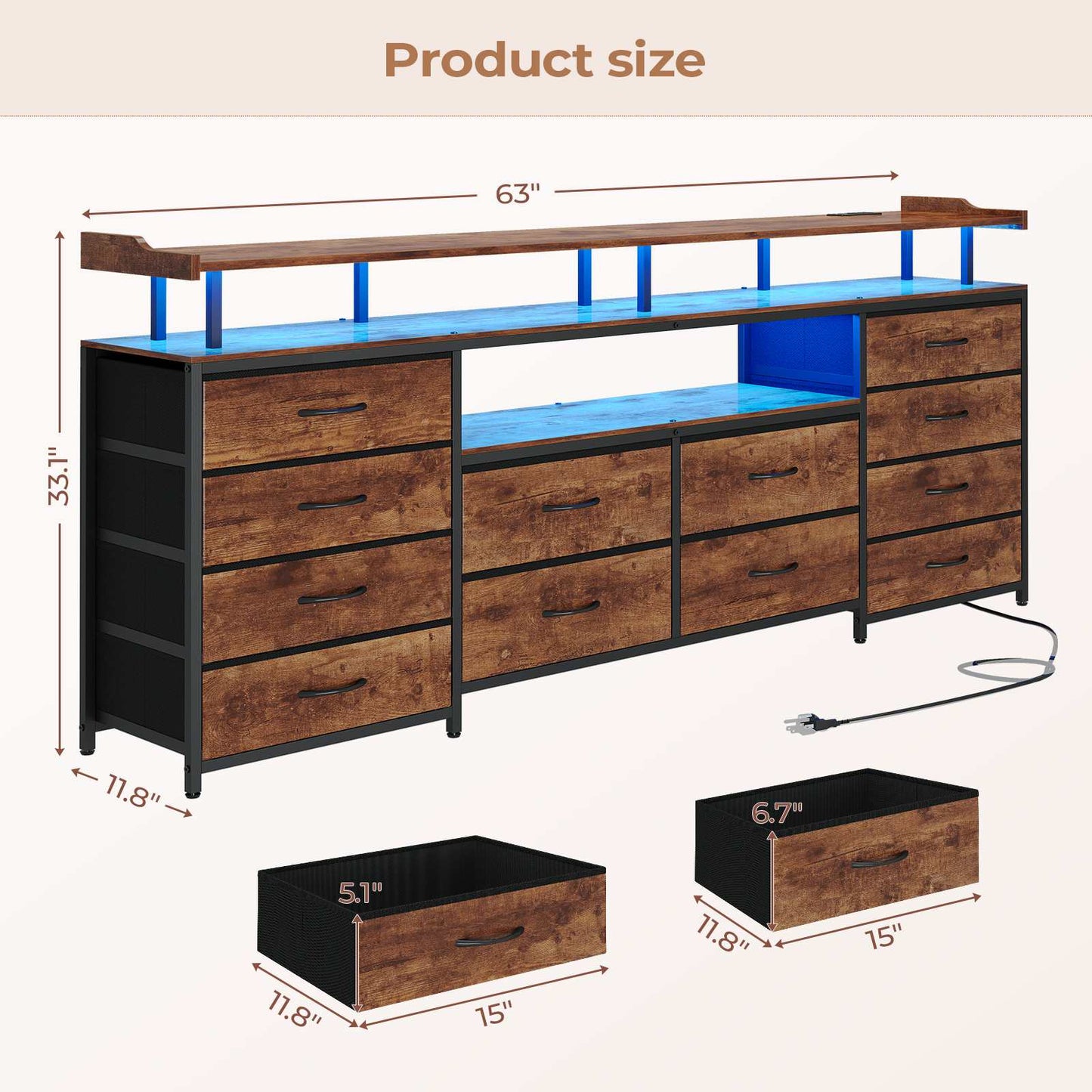 63 Inches TV Stand Dresser with LED Lights and Charging Station Brown