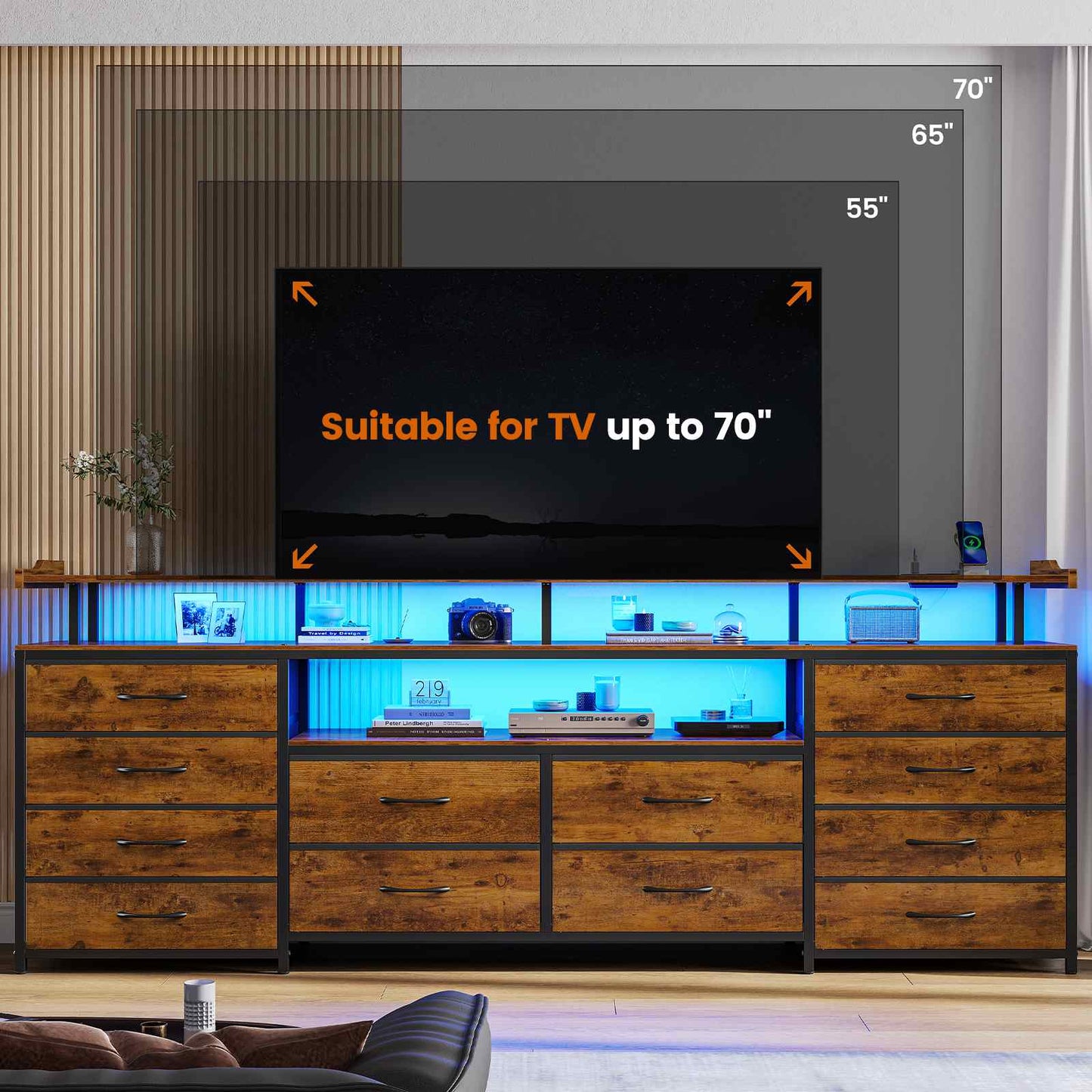 63 Inches TV Stand Dresser with LED Lights and Charging Station Brown