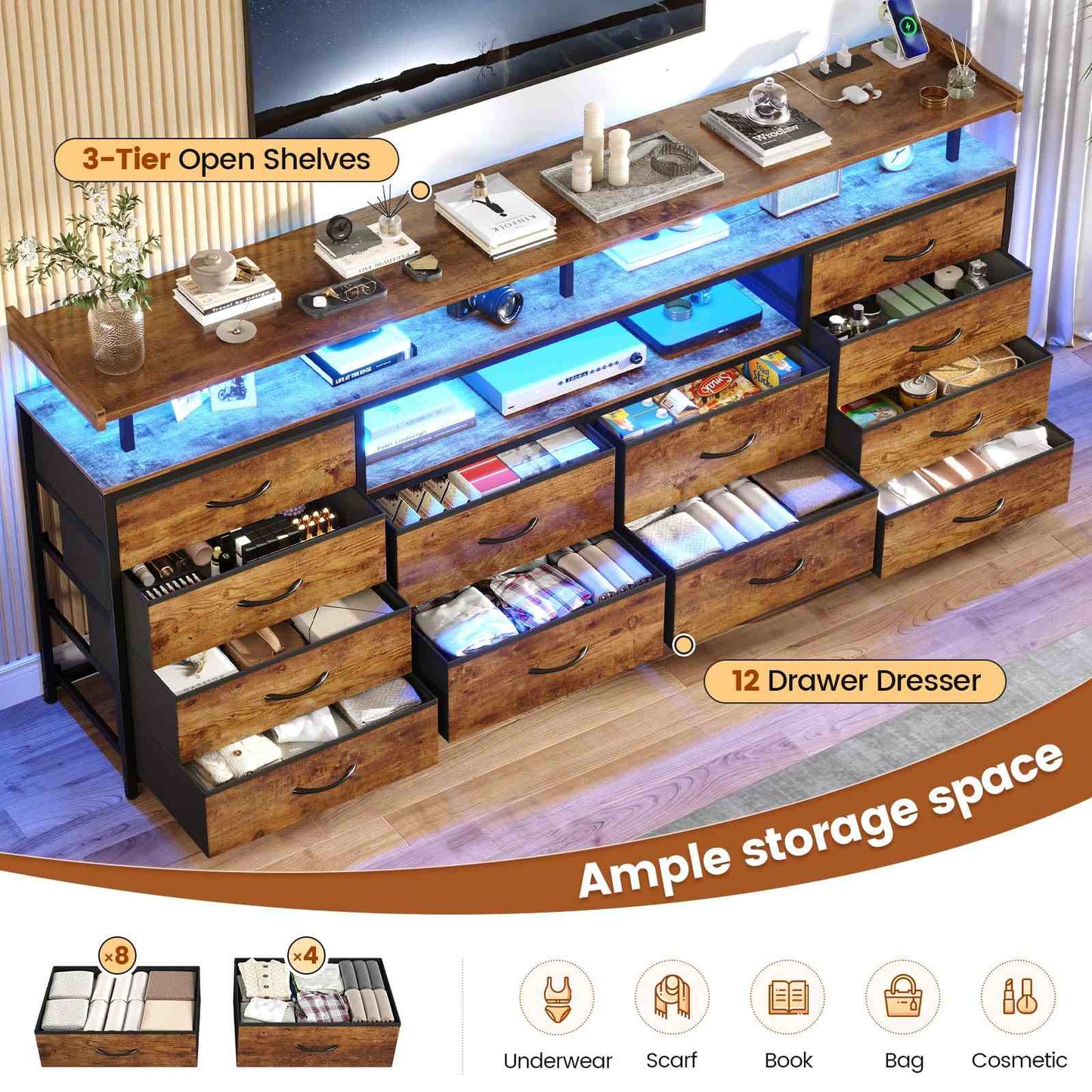 63 Inches TV Stand Dresser with LED Lights and Charging Station Brown
