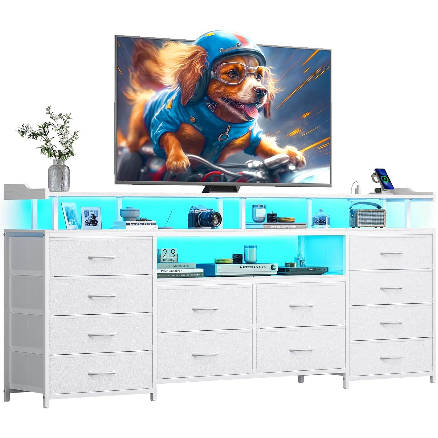 63 Inches TV Stand Dresser with LED Lights and Charging Station White
