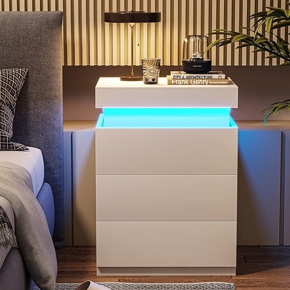 2PCS Nightstand with LED Lights Charging Station White