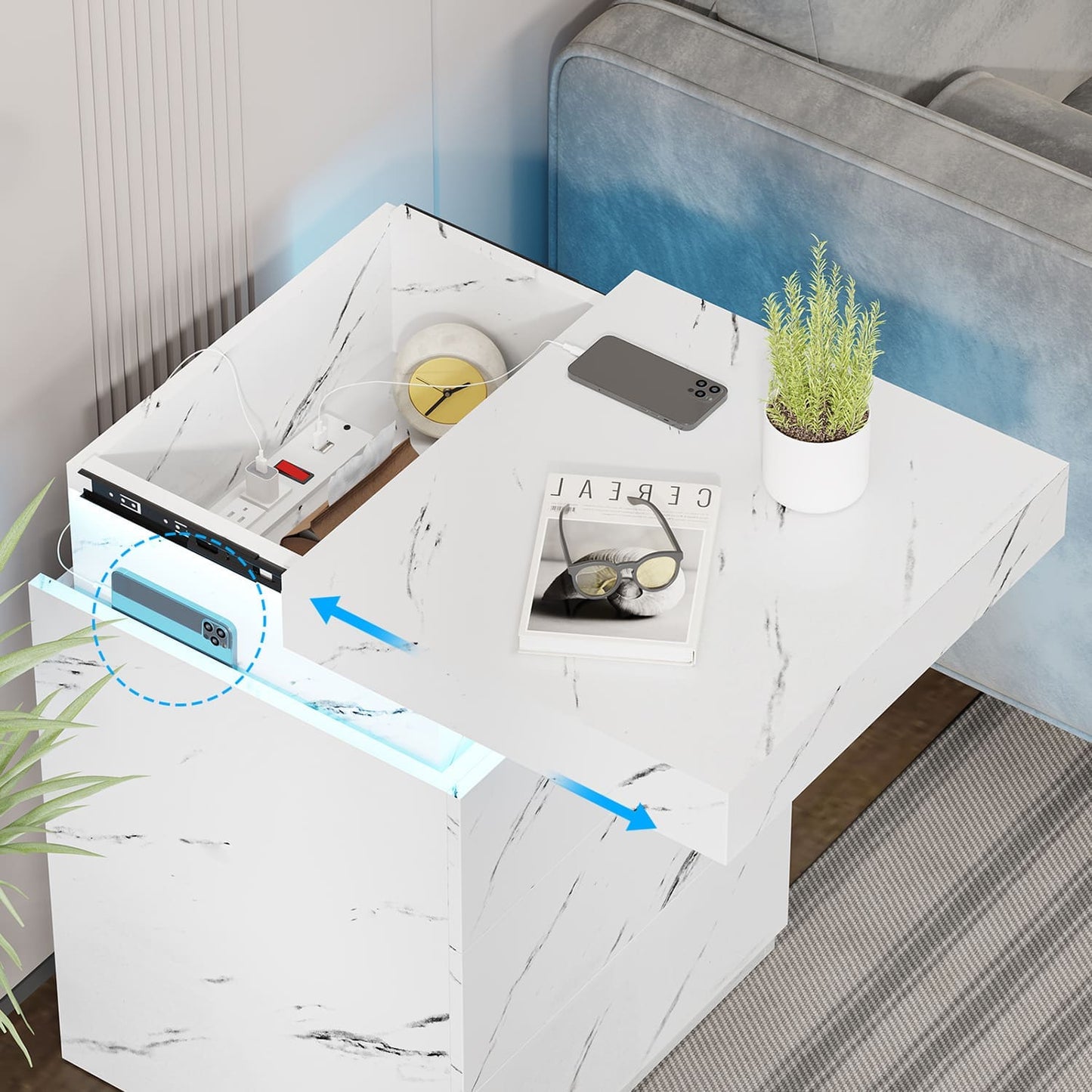 Nightstand with LED Lights Charging Station White Marble