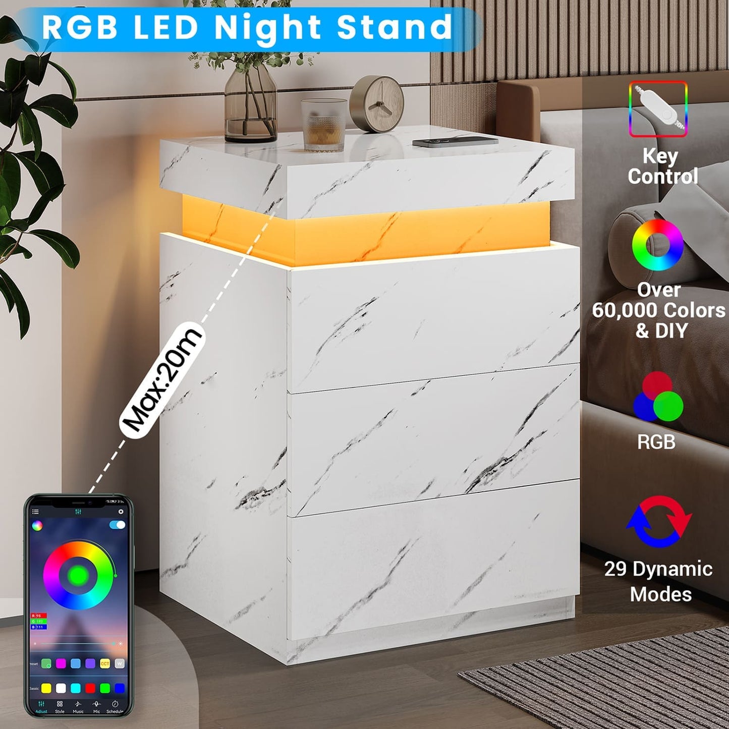 Nightstand with LED Lights Charging Station White Marble