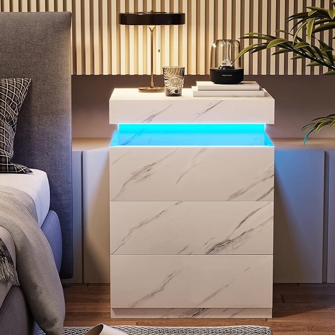 2PCS Nightstand with LED Lights Charging Station White Marble