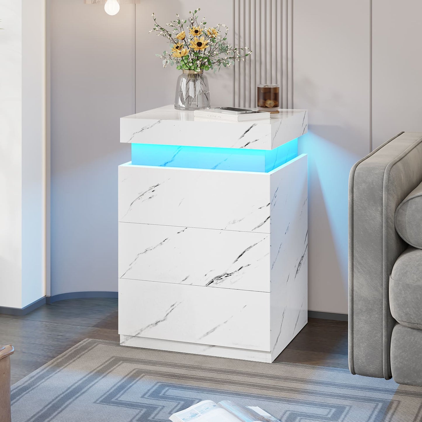 Nightstand with LED Lights Charging Station White Marble