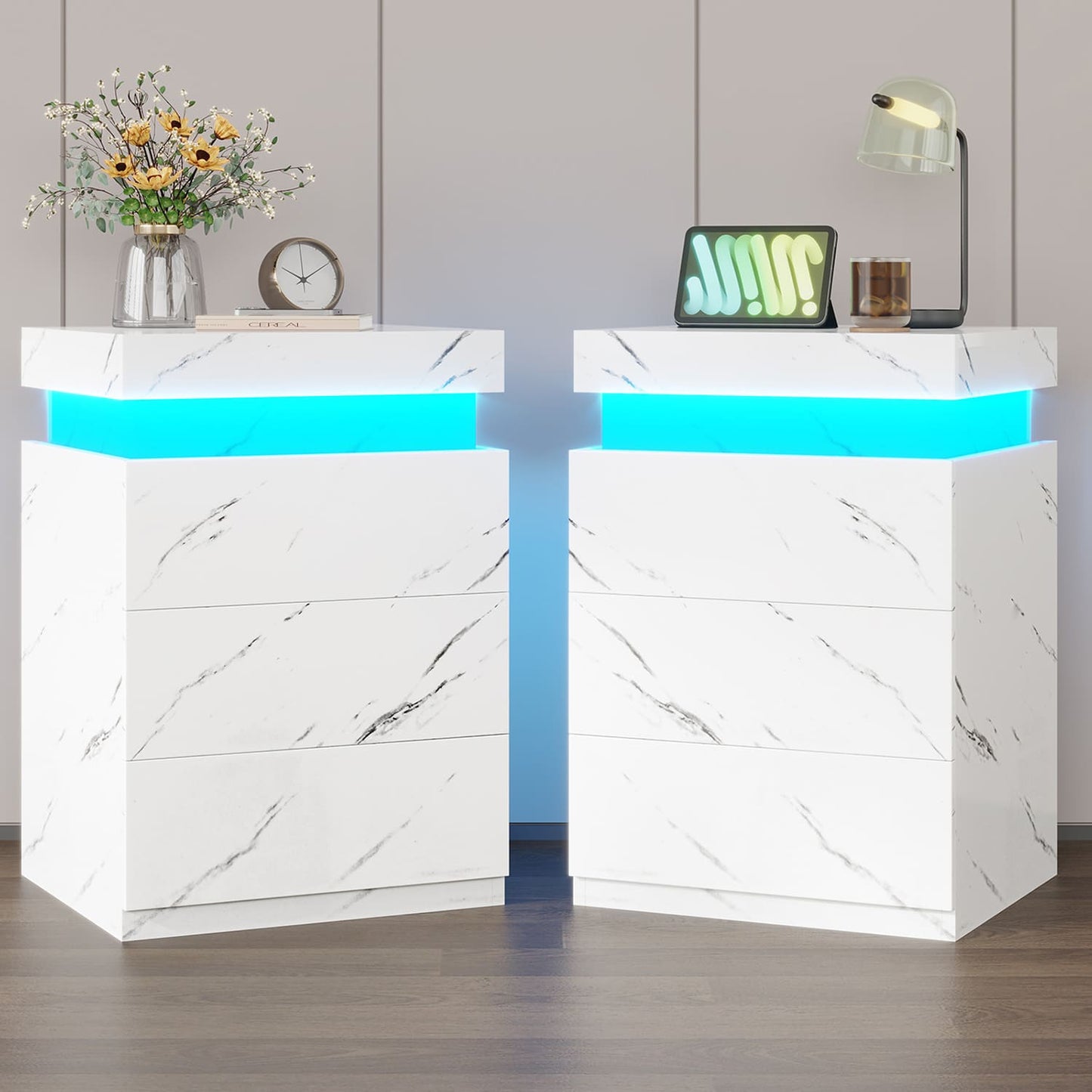 Nightstand with LED Lights Charging Station White Marble
