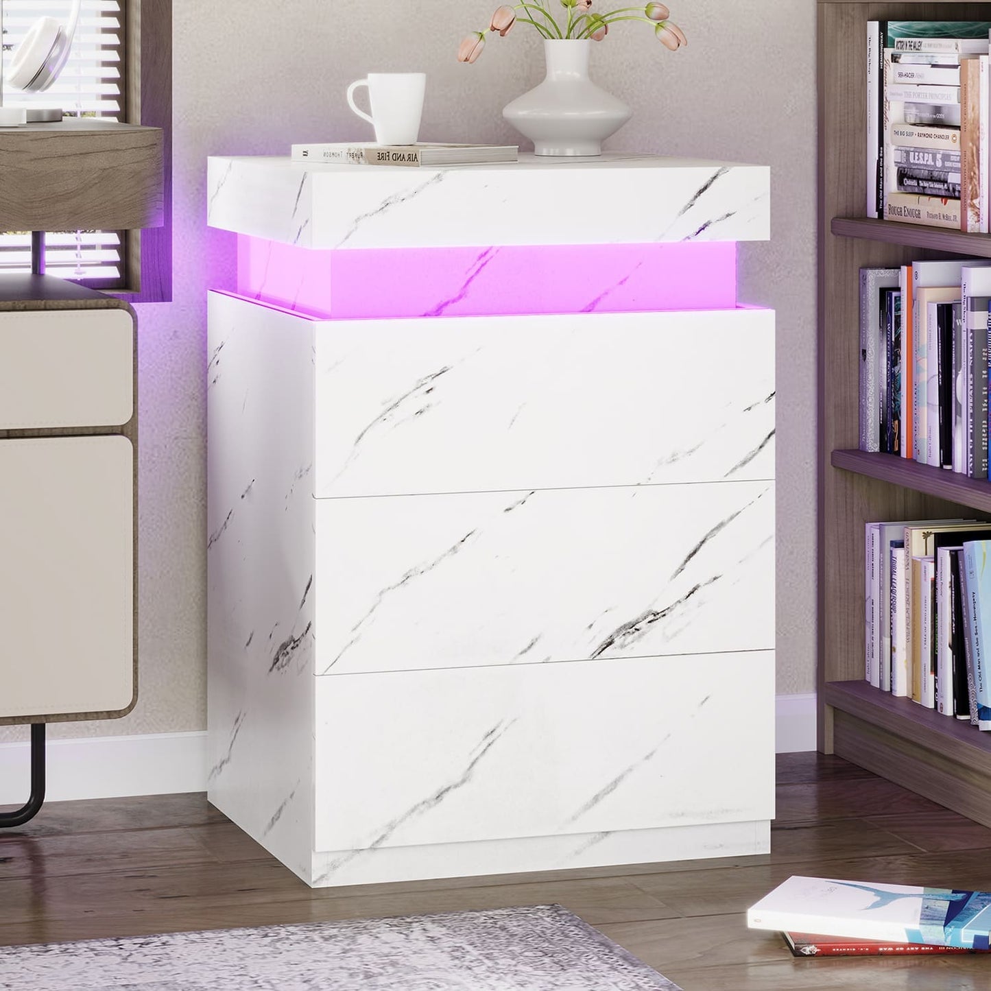 Nightstand with LED Lights Charging Station White Marble