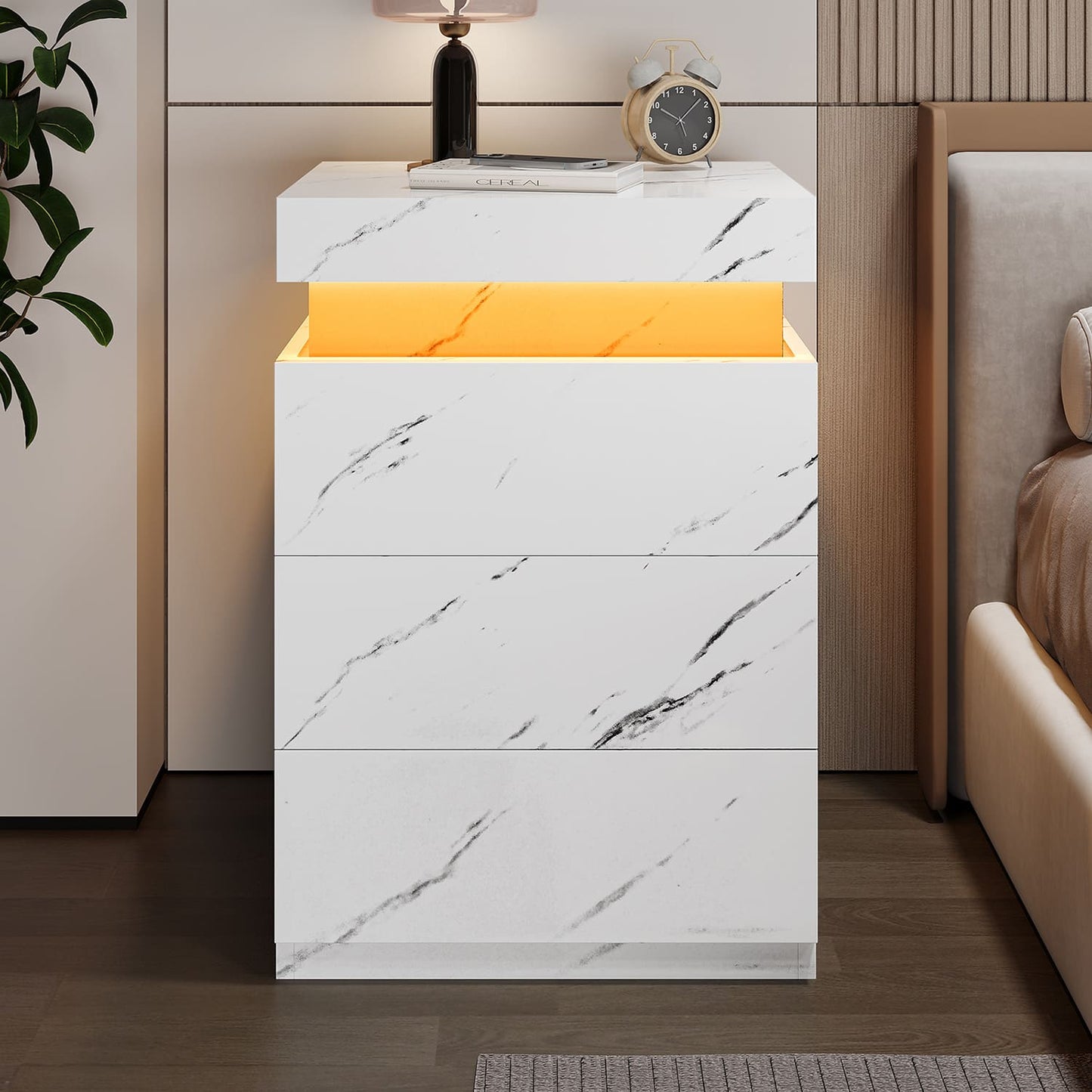 Nightstand with LED Lights Charging Station White Marble