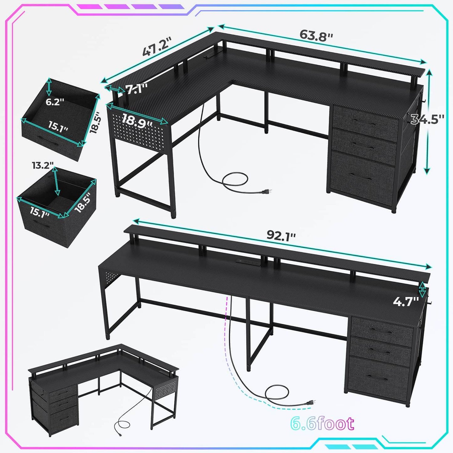63.8 Inches L Shaped Reversible Corner LED Gaming Desk Black