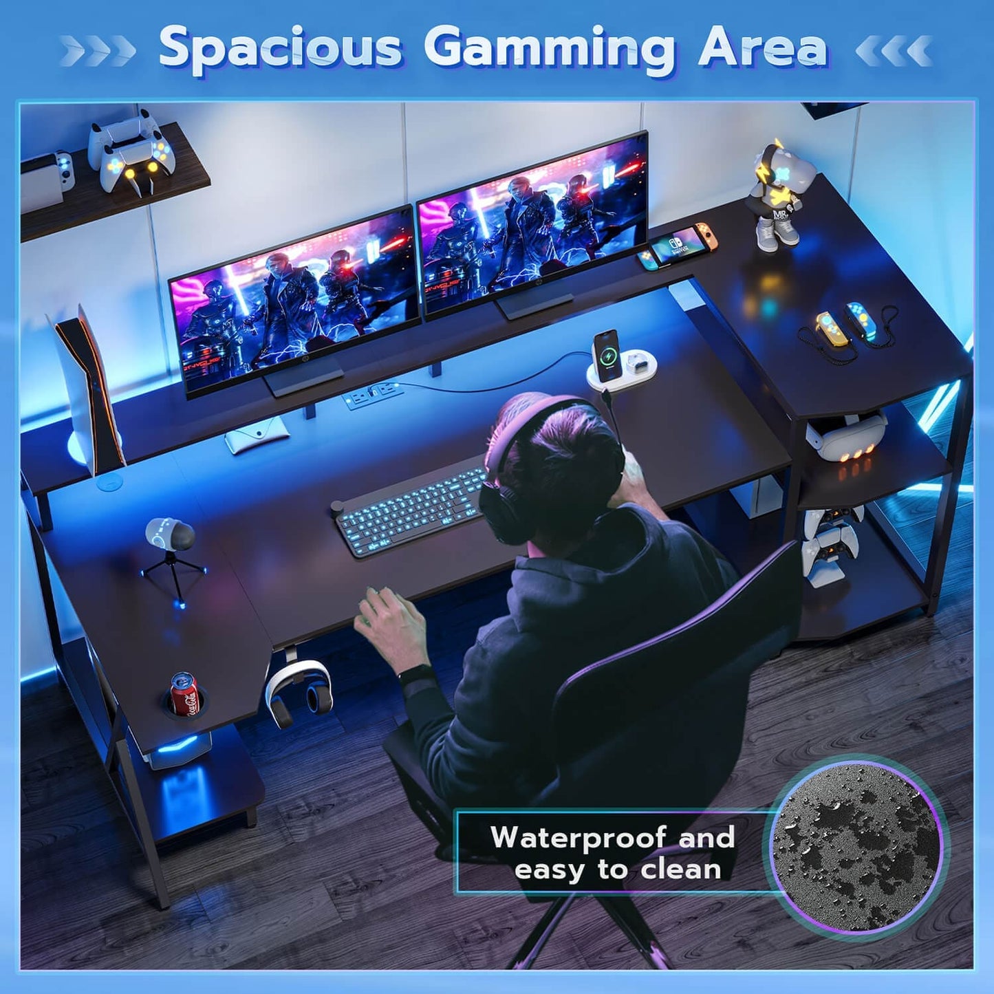 70.8 Inches Large PC Gamer LED Gaming Desk Black