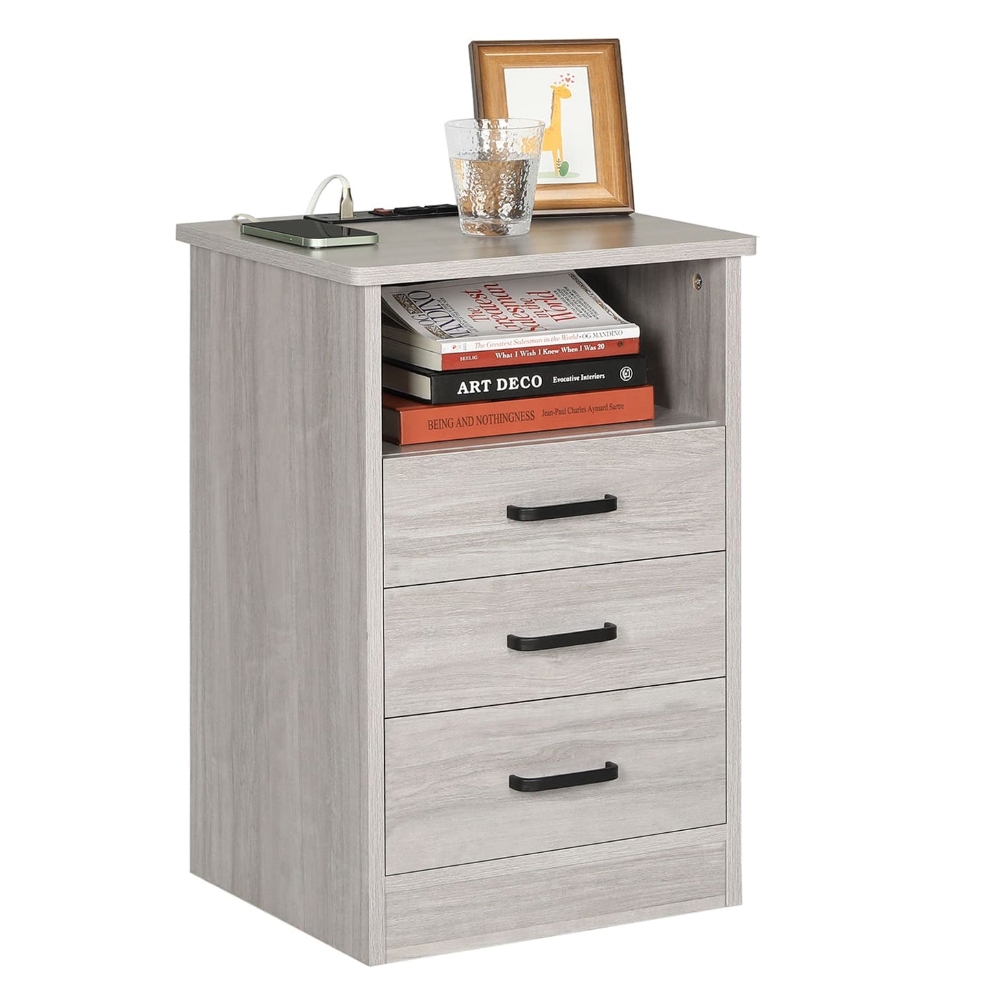 Nightstand with 3 Drawers Charging Station Grey