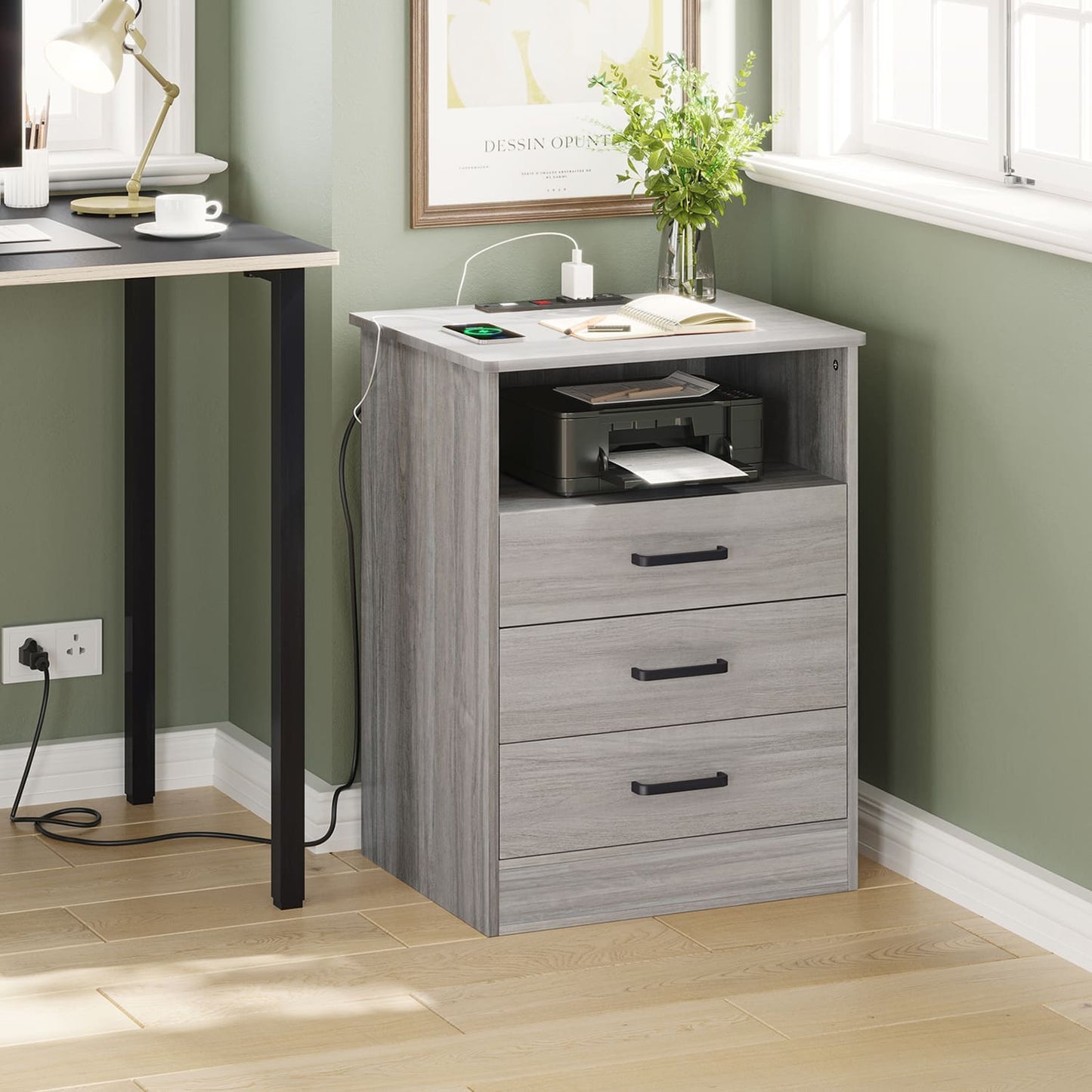 Nightstand with 3 Drawers Charging Station Grey