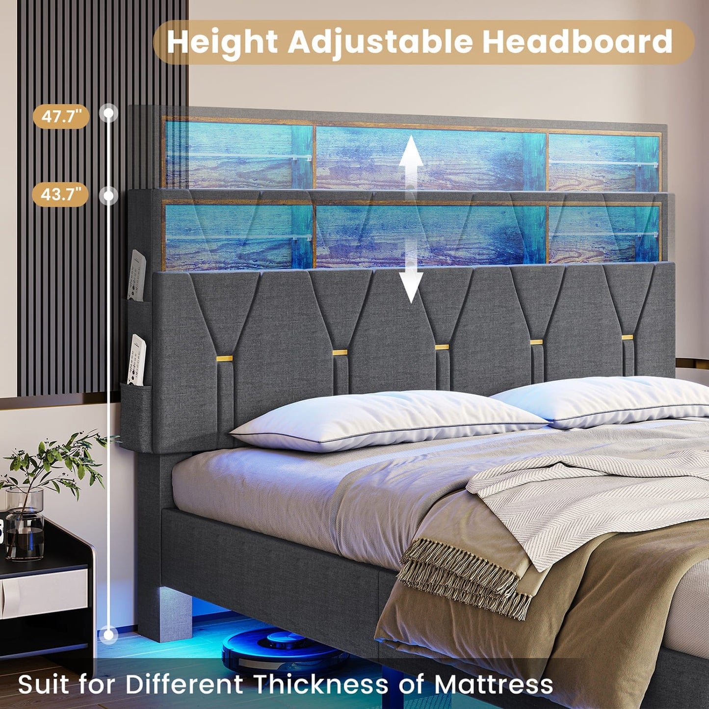 LED Queen Size Bed Frame with Storage Headboard Grey