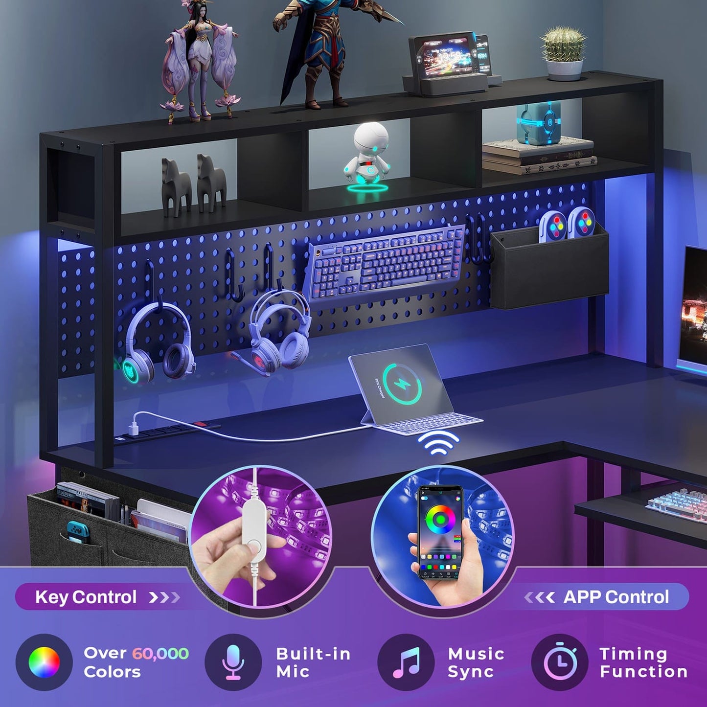 L Shaped Reversible LED Gaming Desk with Power Outlets Black
