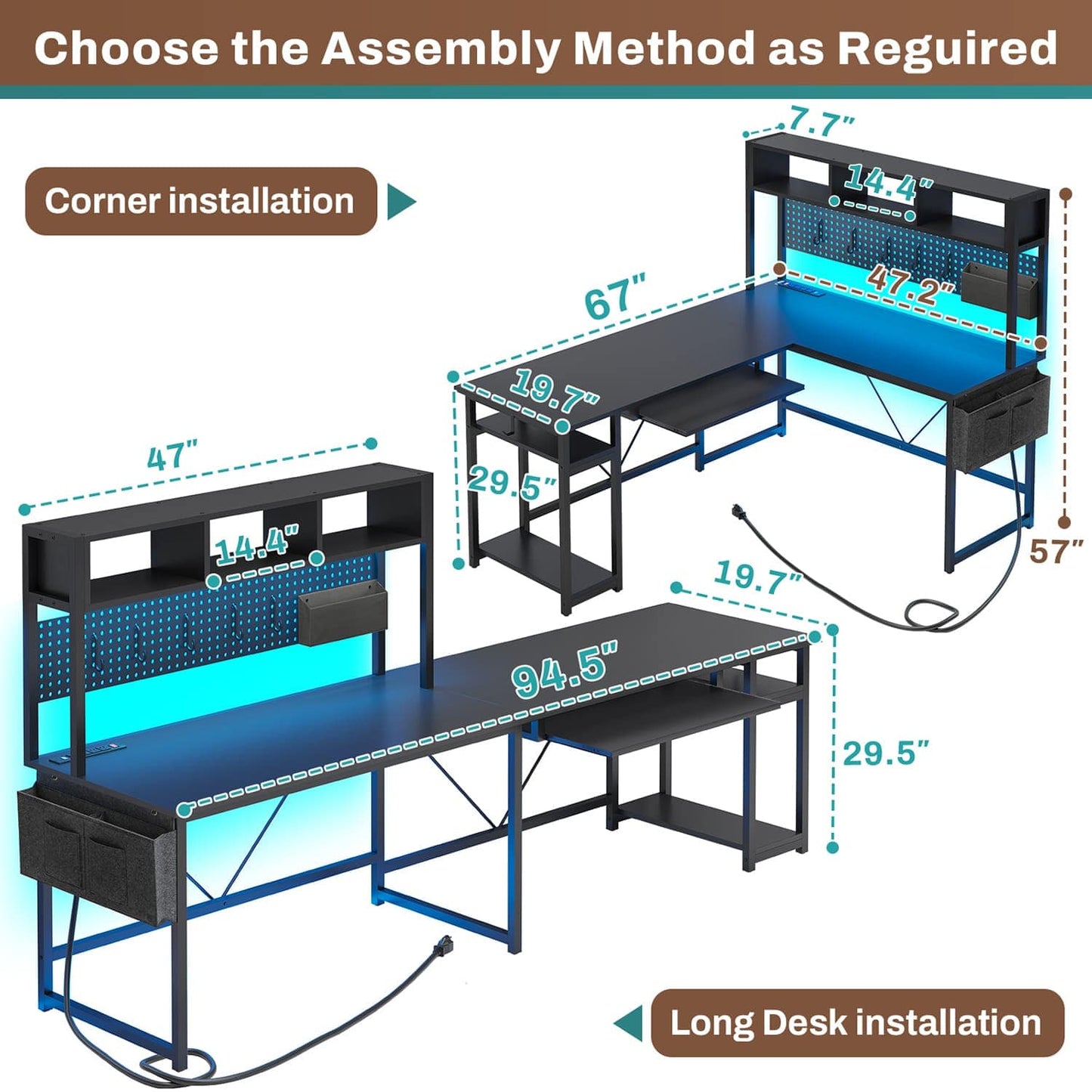 L Shaped Reversible LED Gaming Desk with Power Outlets Black