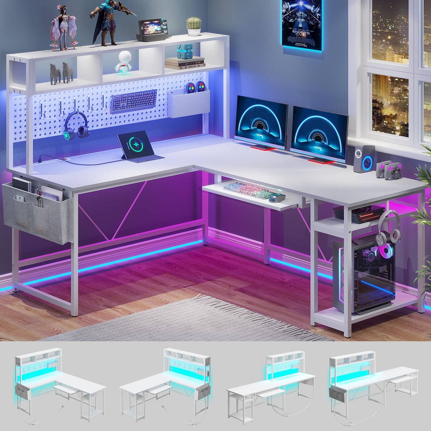L Shaped Reversible Gaming Desk With LED Lights White