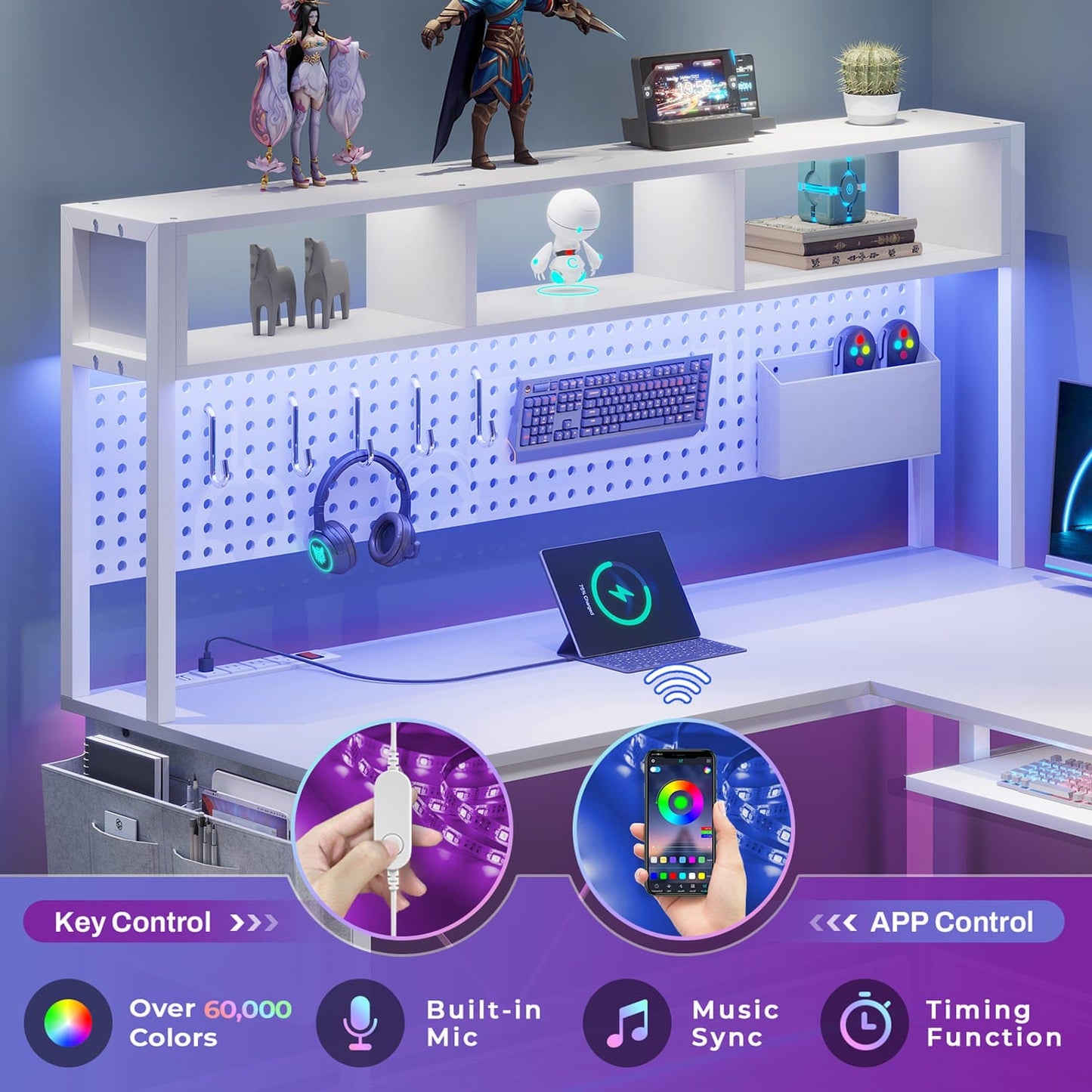 L Shaped Reversible Gaming Desk With LED Lights White