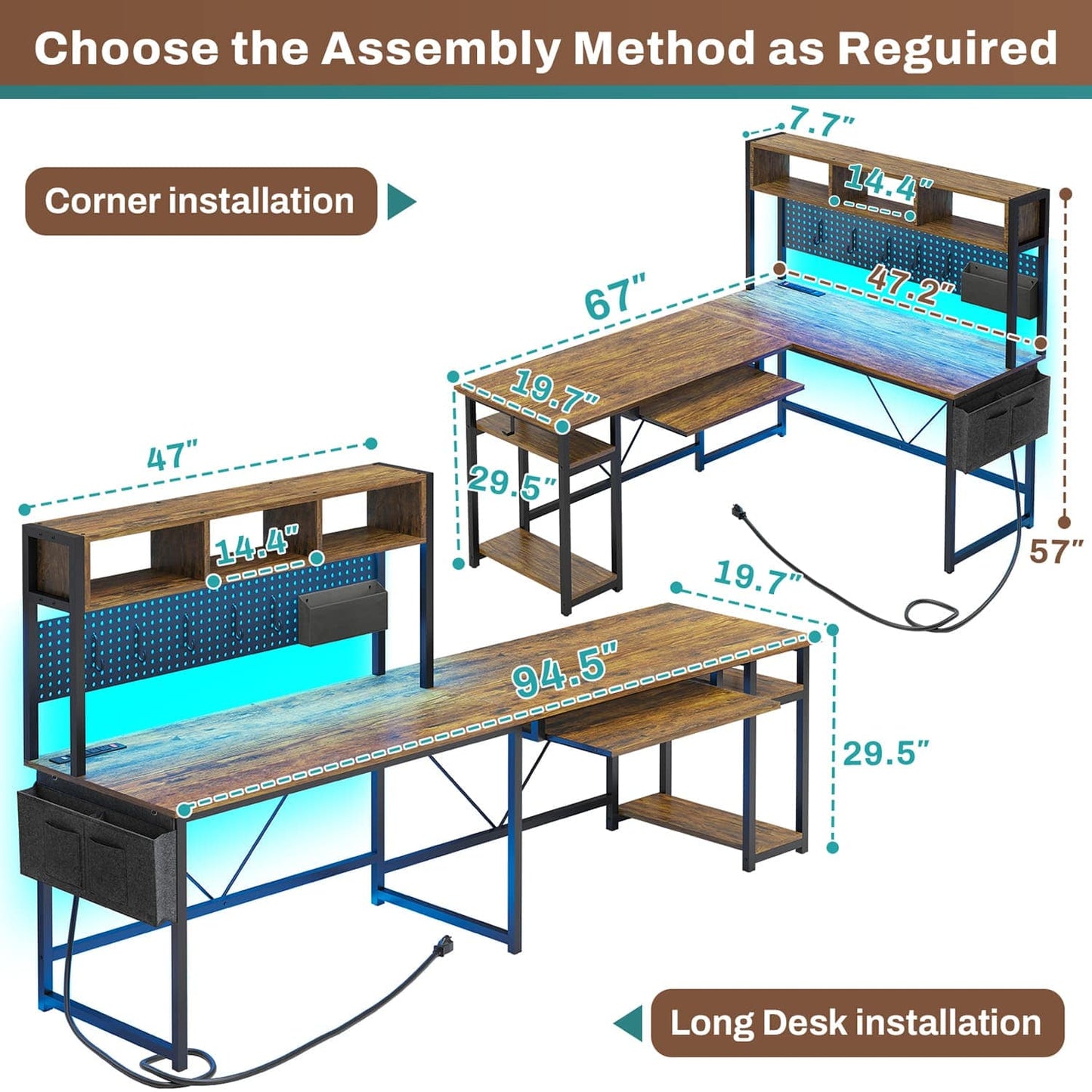 L Shaped Reversible Gaming Desk With LED Lights Rustic Brown