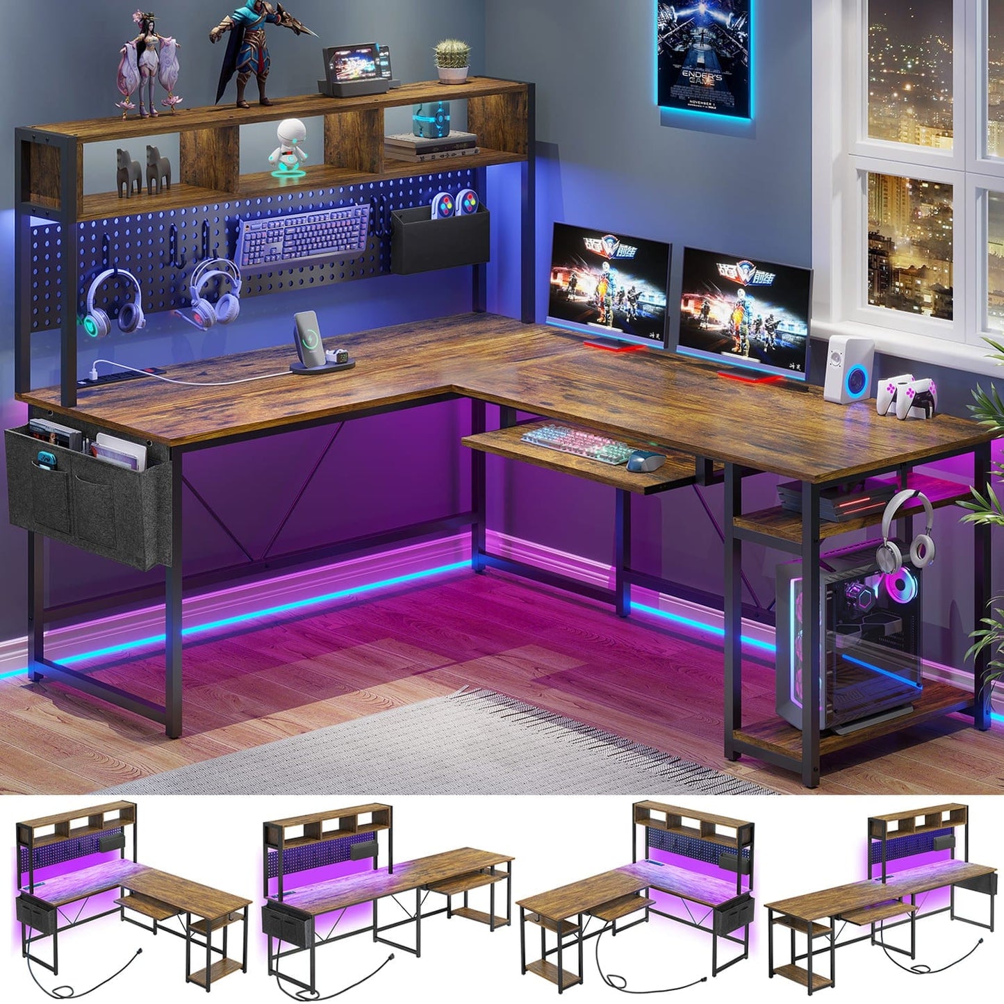 L Shaped Reversible Gaming Desk With LED Lights Rustic Brown