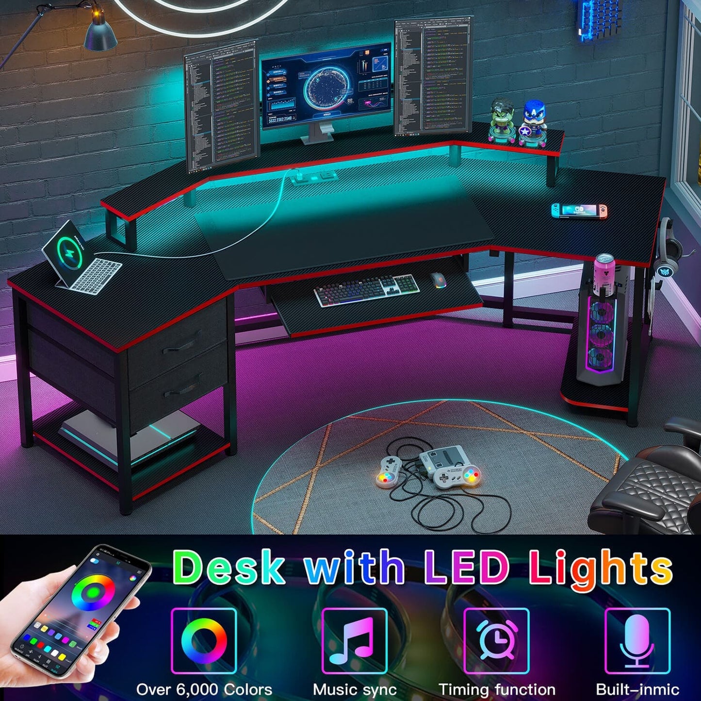 79 Inches Wing Shaped Gaming Desk with 2 Drawers Black Red