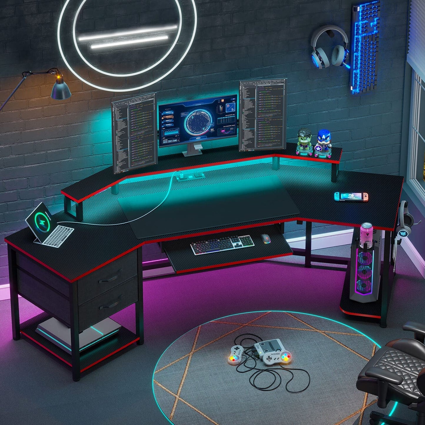 79 Inches Wing Shaped Gaming Desk with 2 Drawers Black Red
