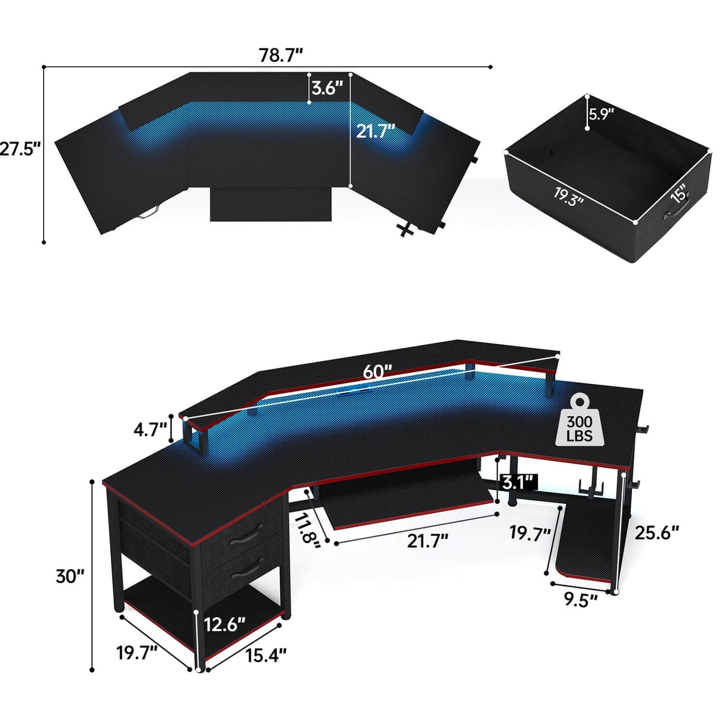79 Inches Wing Shaped Gaming Desk with 2 Drawers Black Red