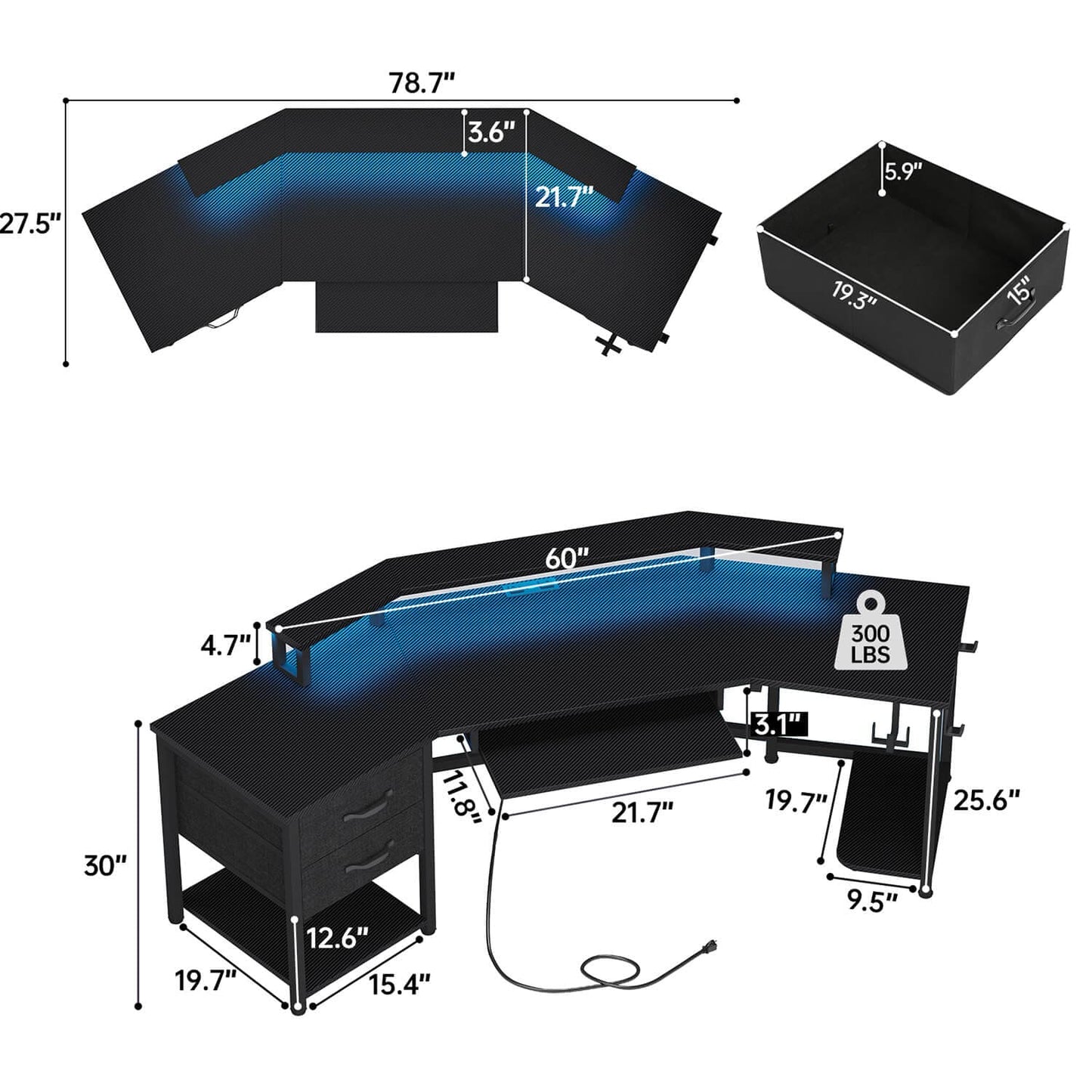 79 Inches Wing Shaped LED Gaming Desk with 2 Drawers Black