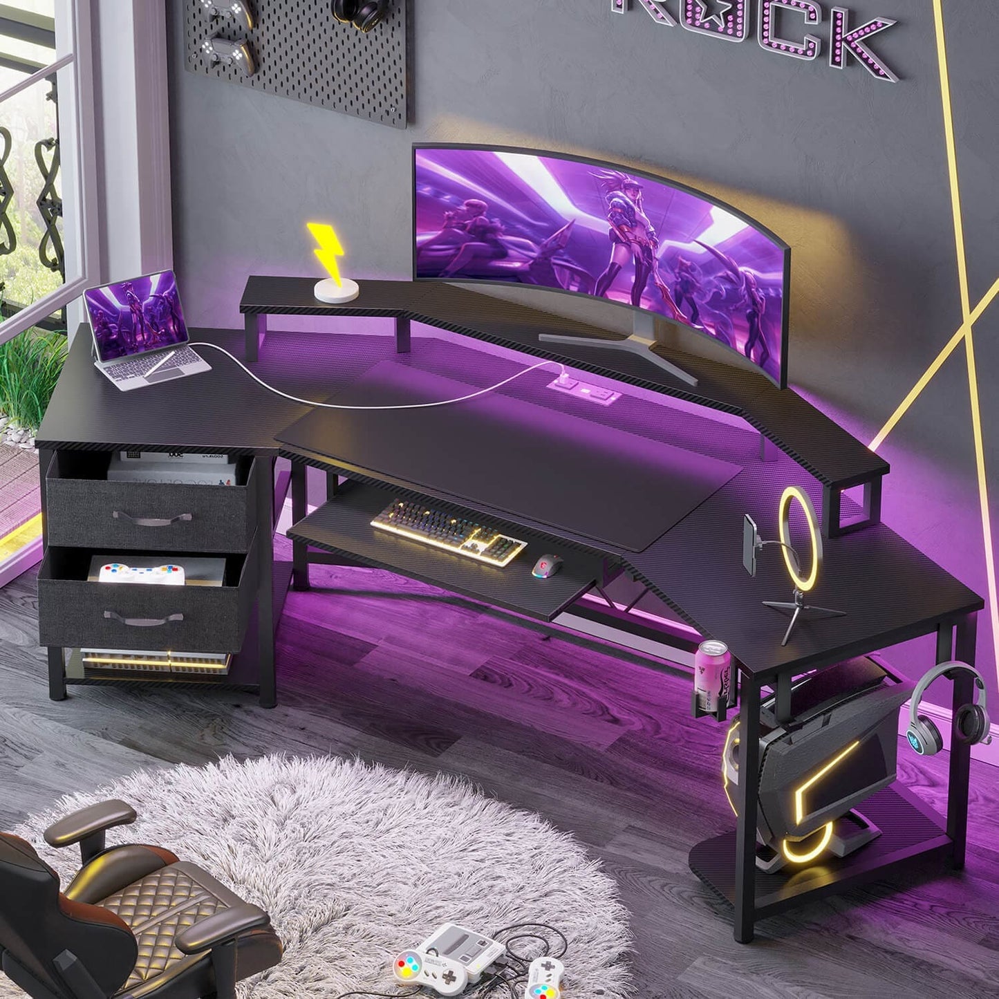 79 Inches Wing Shaped LED Gaming Desk with 2 Drawers Black